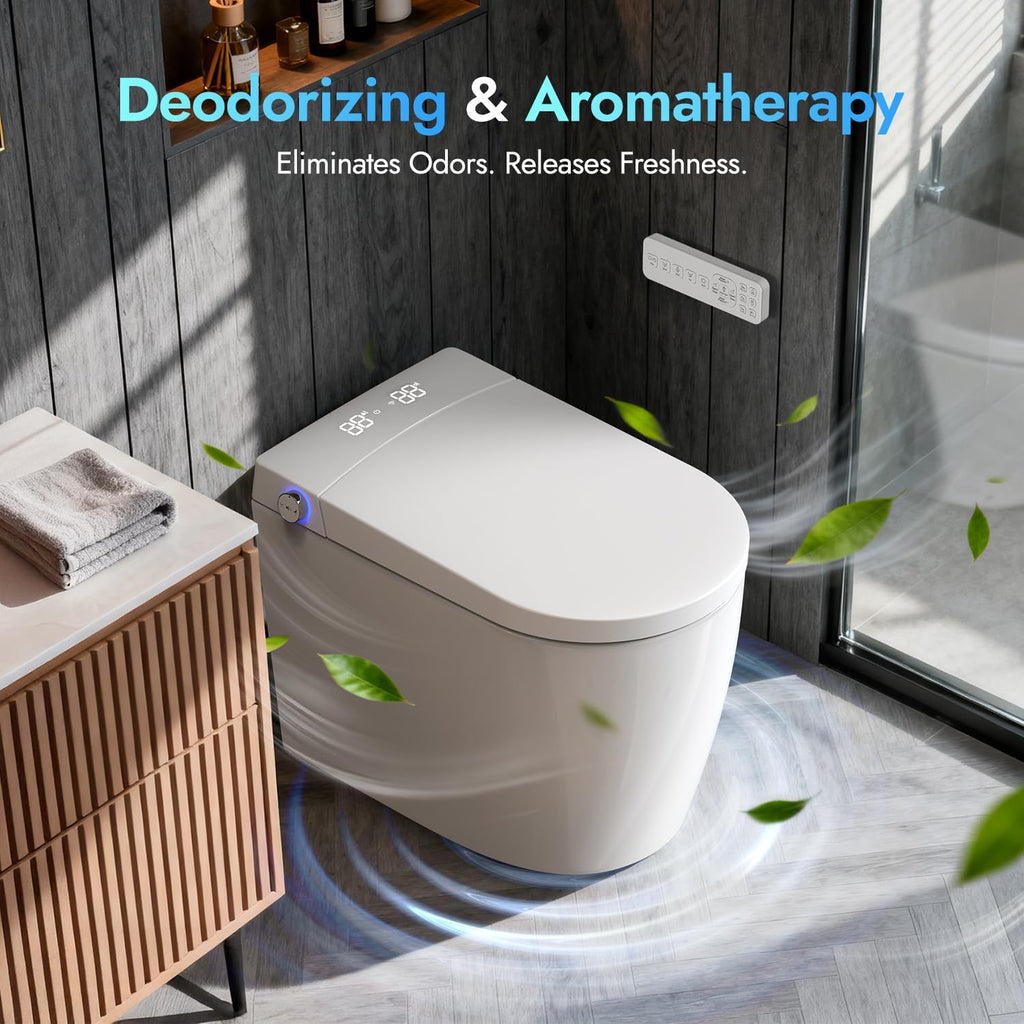 WANSID Compact Smart Toilet With Bidet, Heated Seat, Auto Open/Close Lid, Blackout Flush, Warm Water & Air Dry Function, One-piece Toilet with Tankless Design, Space-Saving, Night Light