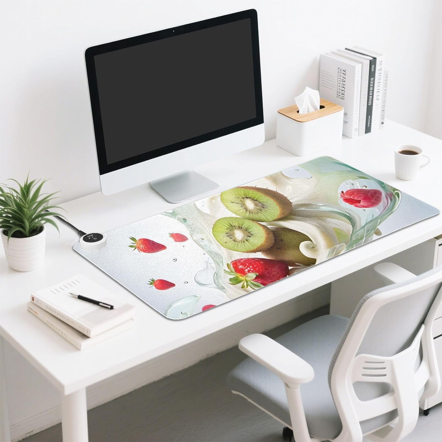 Large Heated Mouse Pad,Leather Desk Mat,31.5"x13",Hand Warmer Pads for Desk,Fruit(Red Cream)