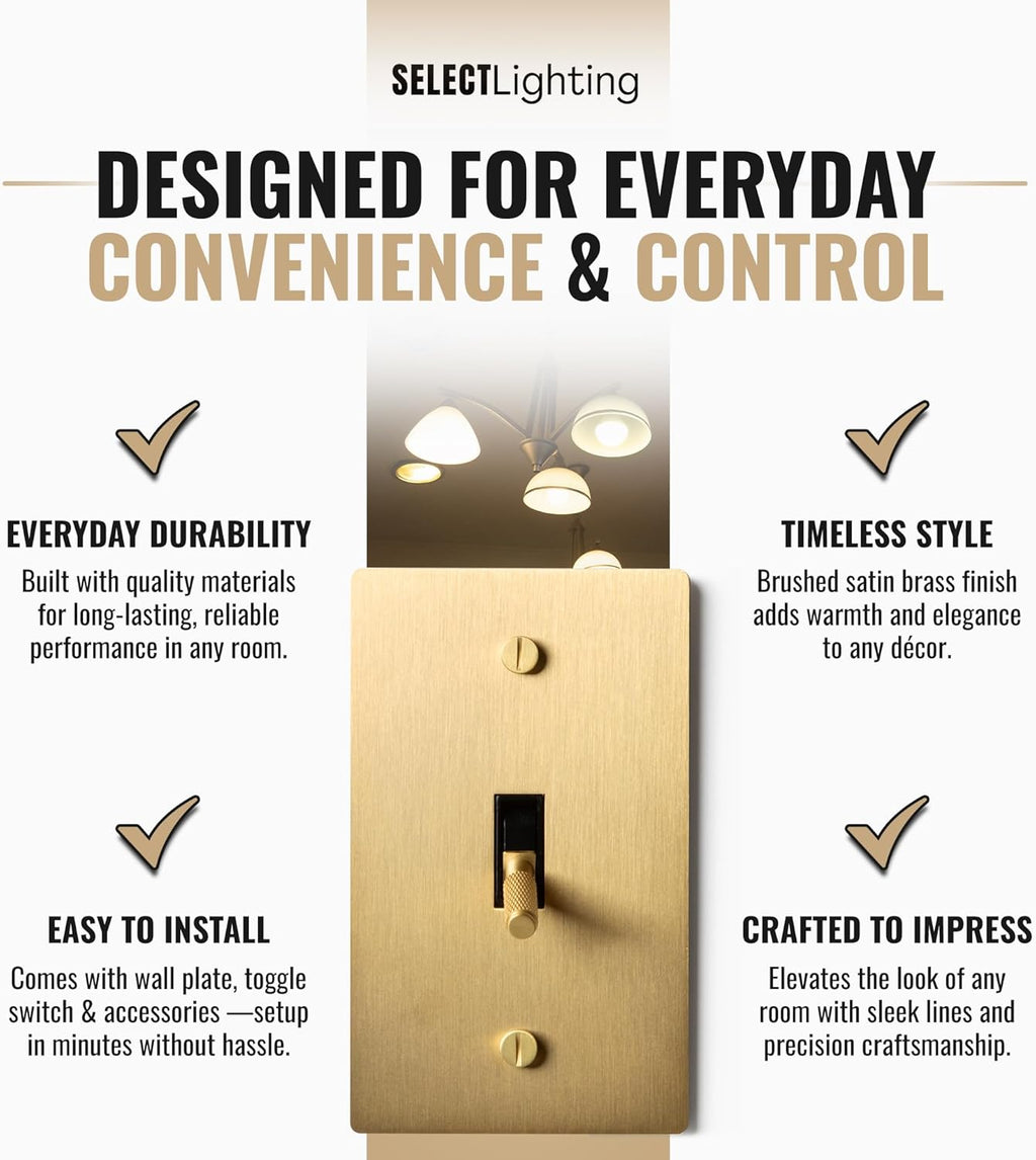 1-Gang Satin Solid Brass Plated Toggle Switch, 15A 120V AC Wall Mount, 3-Way Compatible Vintage Style Single Pole with Faceplate & Switch Module