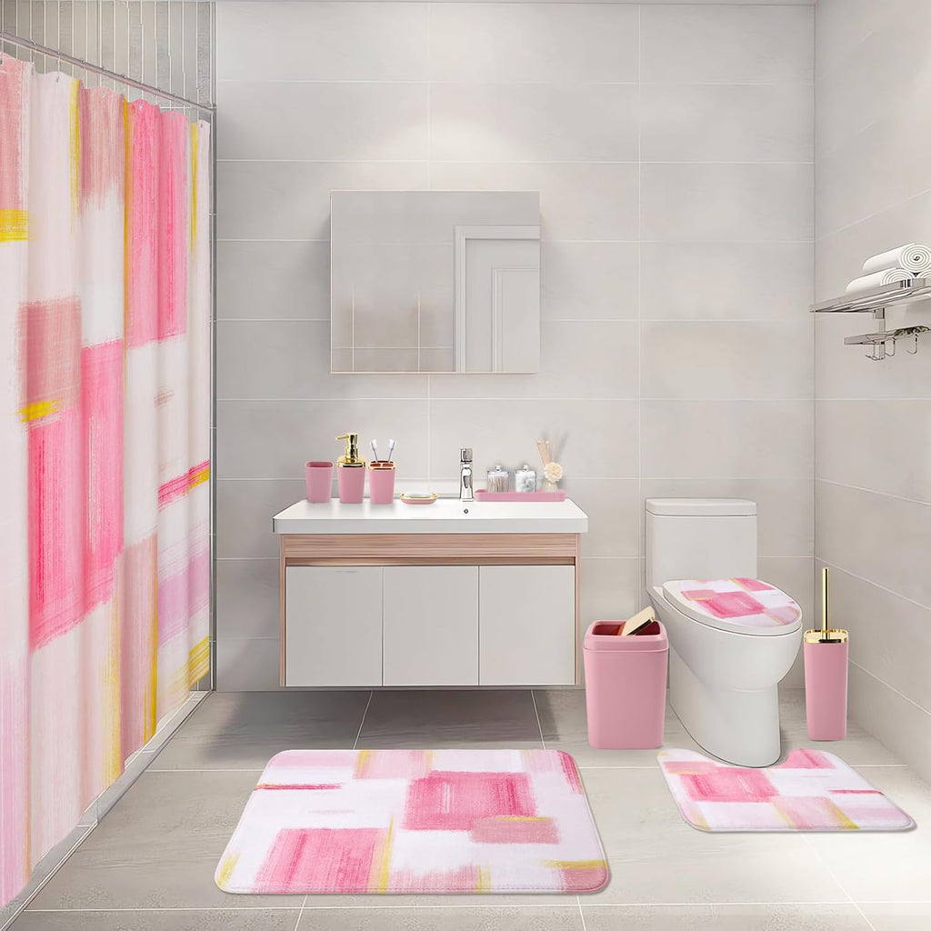 Bathroom Set - Pink and Gold Bathroom Accessories Set, Bathroom Sets with Shower Curtain and Rugs, Pink Shower Curtain Set with Bathroom Trash Can, Soap Dispenser, Soap Dish for Home Decor