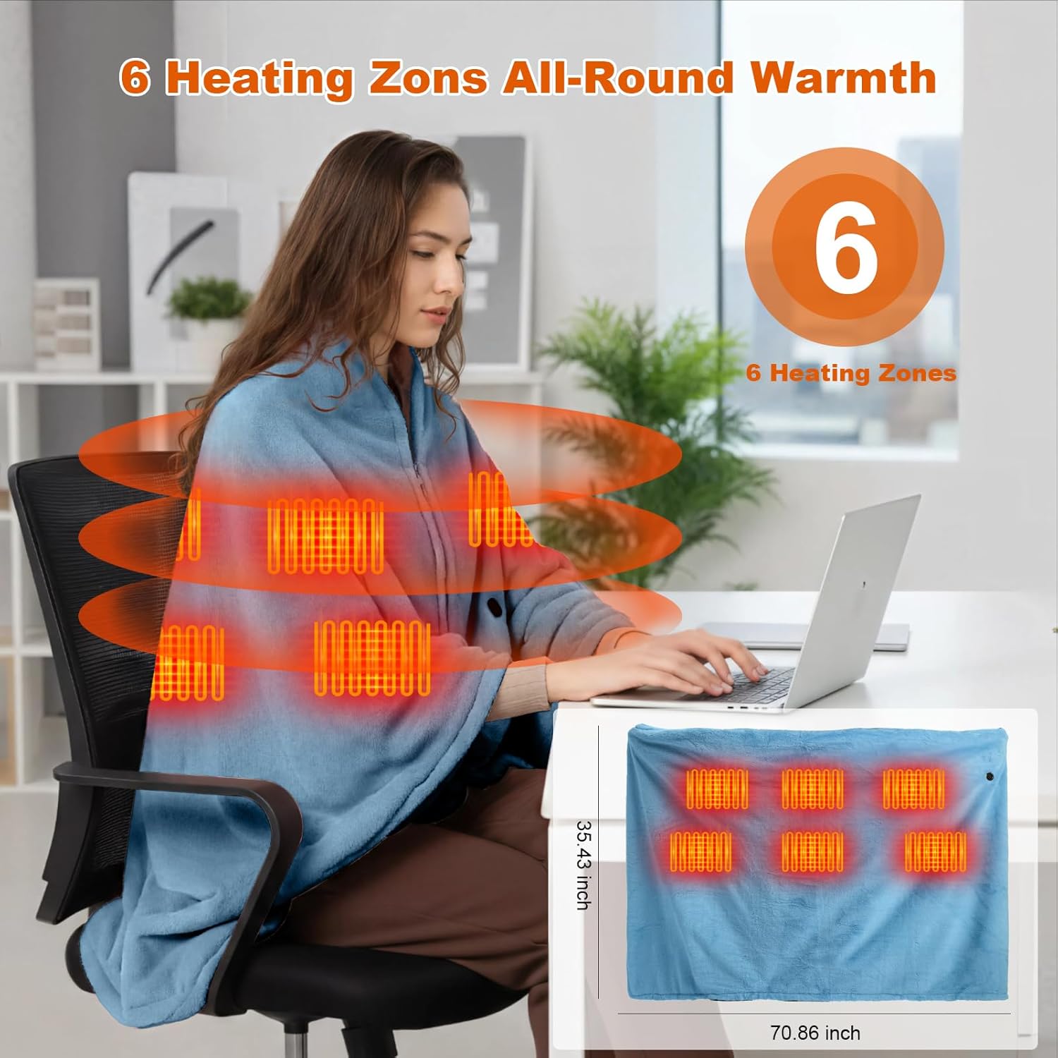 Graphene Heated Blanket Battery Operated, 20000mAh Battery 7.4V Fast Heating Blanket 70''x 35'' Portable Heated Shawl with Fleece Lining, Cordless Heated Shawl, Gift for Women (Blue)