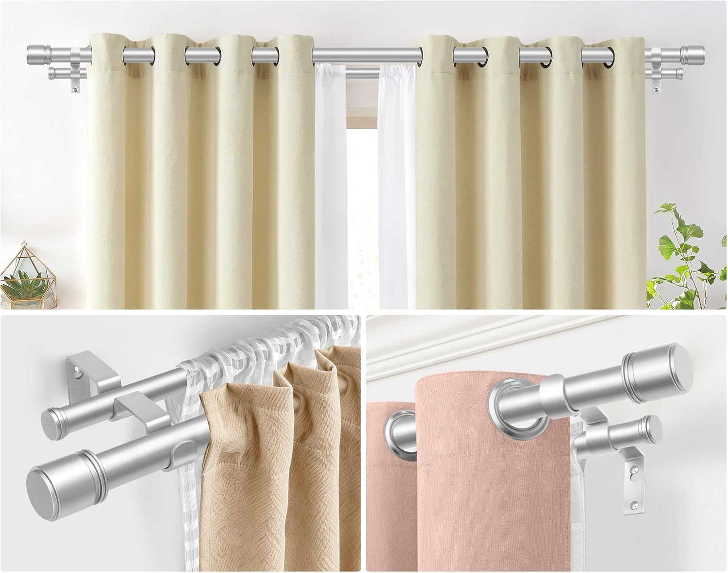 Double Curtain Rod 32 to 86 Inch, HOTOZON 1 Inch Heavy Duty Double Curtain Rods for Windows 20 to 82 Inches(1.7-6.8 ft), Telescoping Drapery Rod with Simple End Finials, Silver