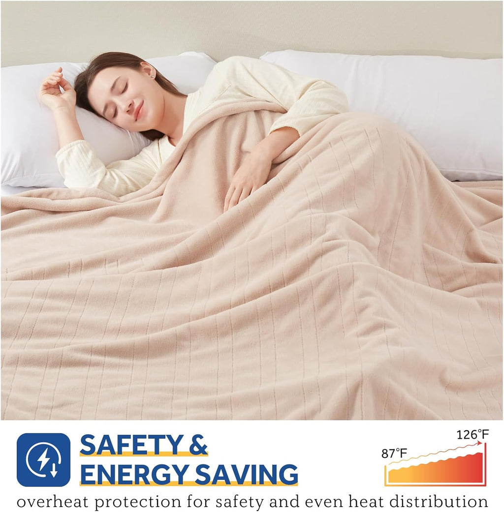 Sealy Electric Blanket Queen Size, Flannel Heated Blanket with 10 Heating Levels & 1-12 Hours Auto Shut Off, Fast Heating Warm Blanket, Machine Washable, Beige, 84 x 90 Inch