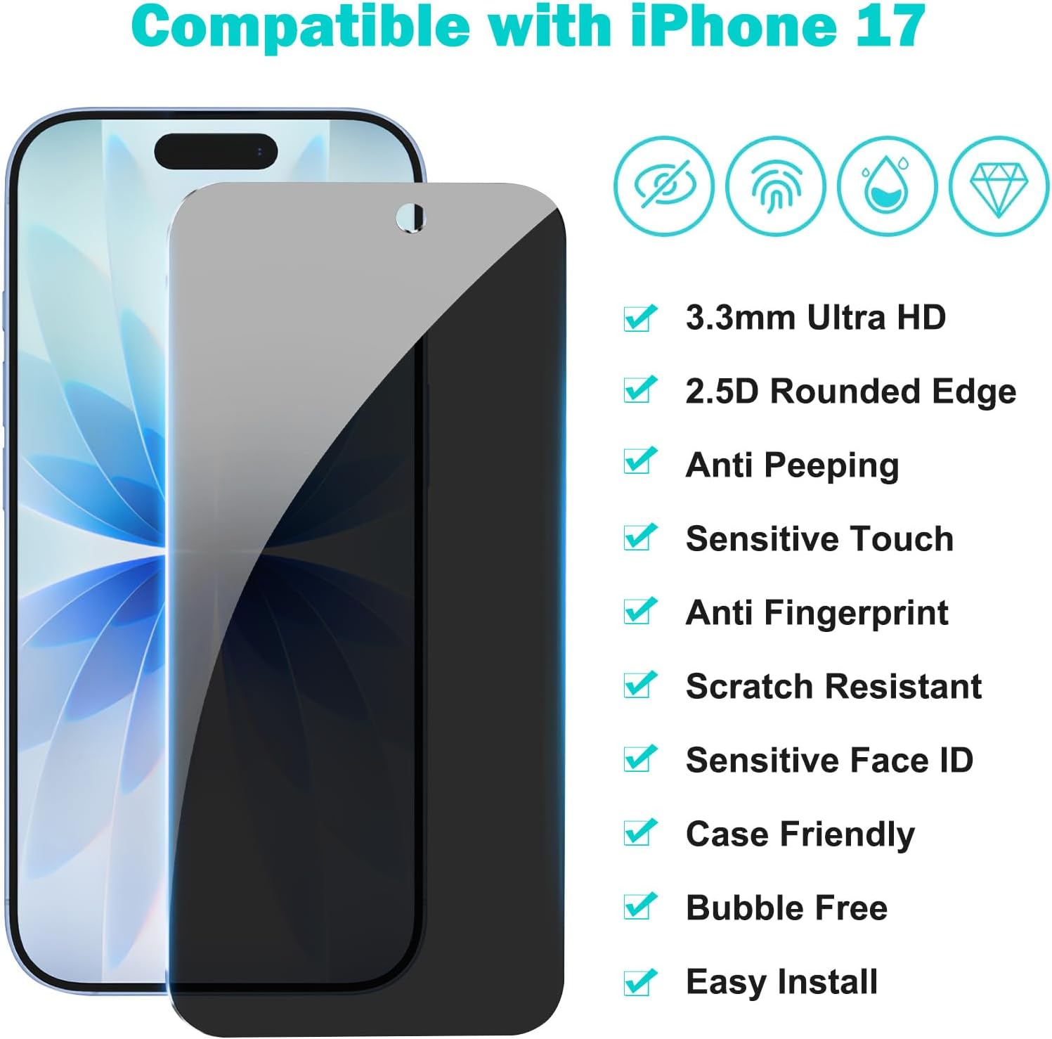PEHAEL 3+3Pack for iPhone 17 Privacy Screen Protector with Camera Lens Protector Full Coverage Anti-Spy Tempered Glass Film 9H Hardness Easy Installation Bubble Free [6.3 inch]