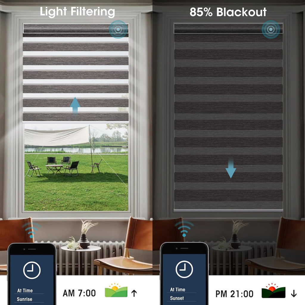 SmartWings Motorized Zebra Shades Compatible with HomeKit, Alexa SmartThings Google, Remote Control Light Filtering Sheer Shades, 85% Blackout Roller Shade, Smart Home/Office, River Stone, Customized