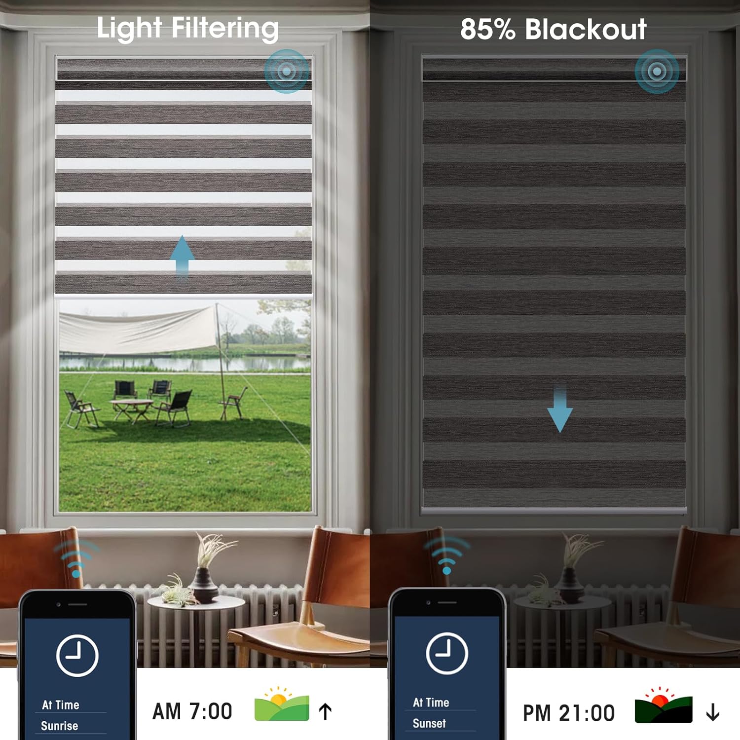 SmartWings Motorized Zebra Shades Compatible with HomeKit, Alexa SmartThings Google, Remote Control Light Filtering Sheer Shades, 85% Blackout Roller Shade, Smart Home/Office, River Stone, Customized