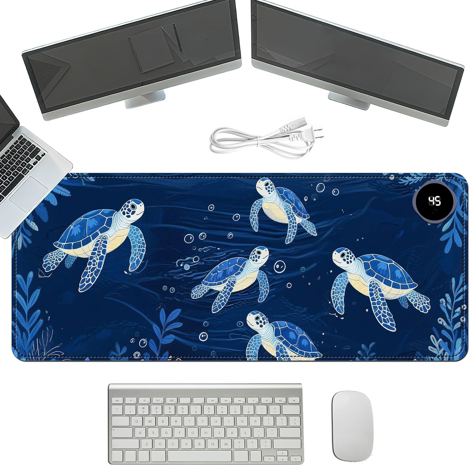 Heated Mouse Pad with 3 Temperature Settings(104°F–122°F),Large 31.5x13 Inch PU Leather Heated Desk Mat,Waterproof Warming Pad for Office,Gaming & Cold Hands Relief,Blue Sea Turtle