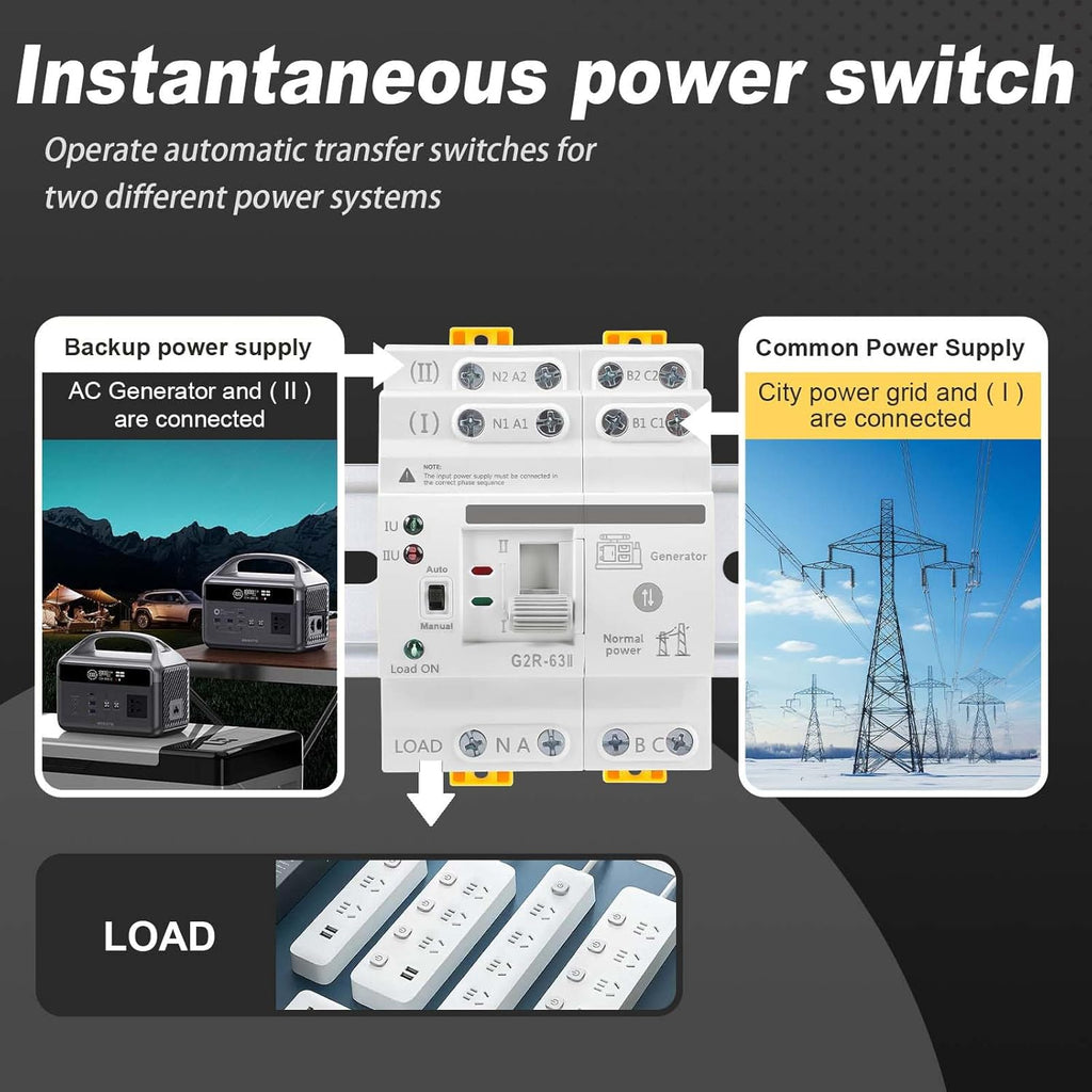 63Amp 110V AC Mini ATS Automatic/Manual Transfer Switch, 4Pole G2R Solar Auto Dual Power Changeover Switch for Home Generator, Din Rail Mounted 50/60Hz CE Certified for Rv, Lv, Cn Public/Backup Power