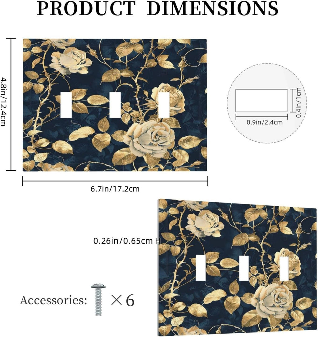 Decorative Switch Plates Boho Vintage Floral Golden Flower Dark Blue Background 3 Gang Wall Plate Triple Toggle Light Switch Cover Faceplate Electrical Wall Panels for Bedroom living Room