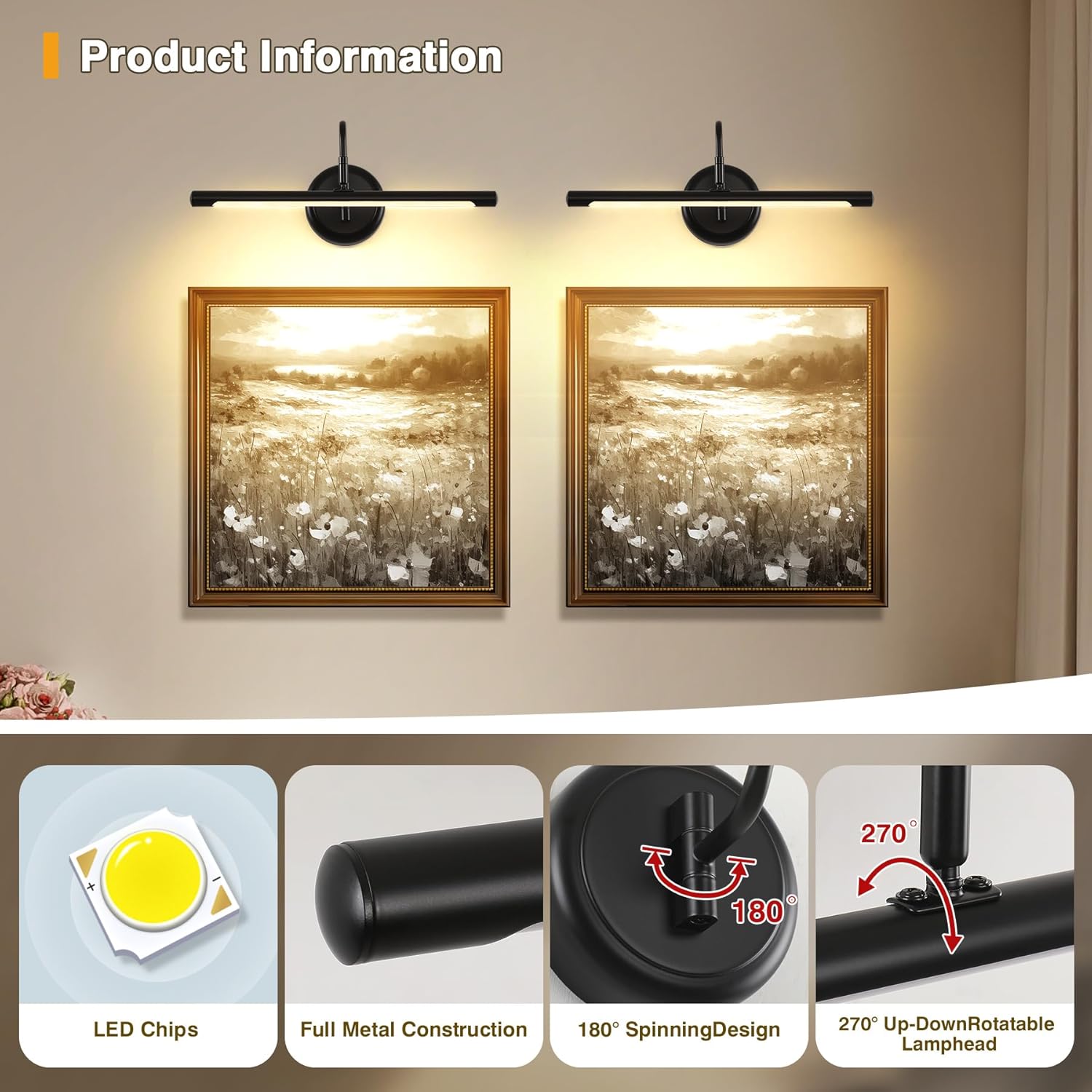 JOOSENLUX LED Picture Light Hardwired Matte Black Modern Picture Lights for Paintings 16.54'' Inch Long Swing Arm Metal Art Lights Warm White 3000K