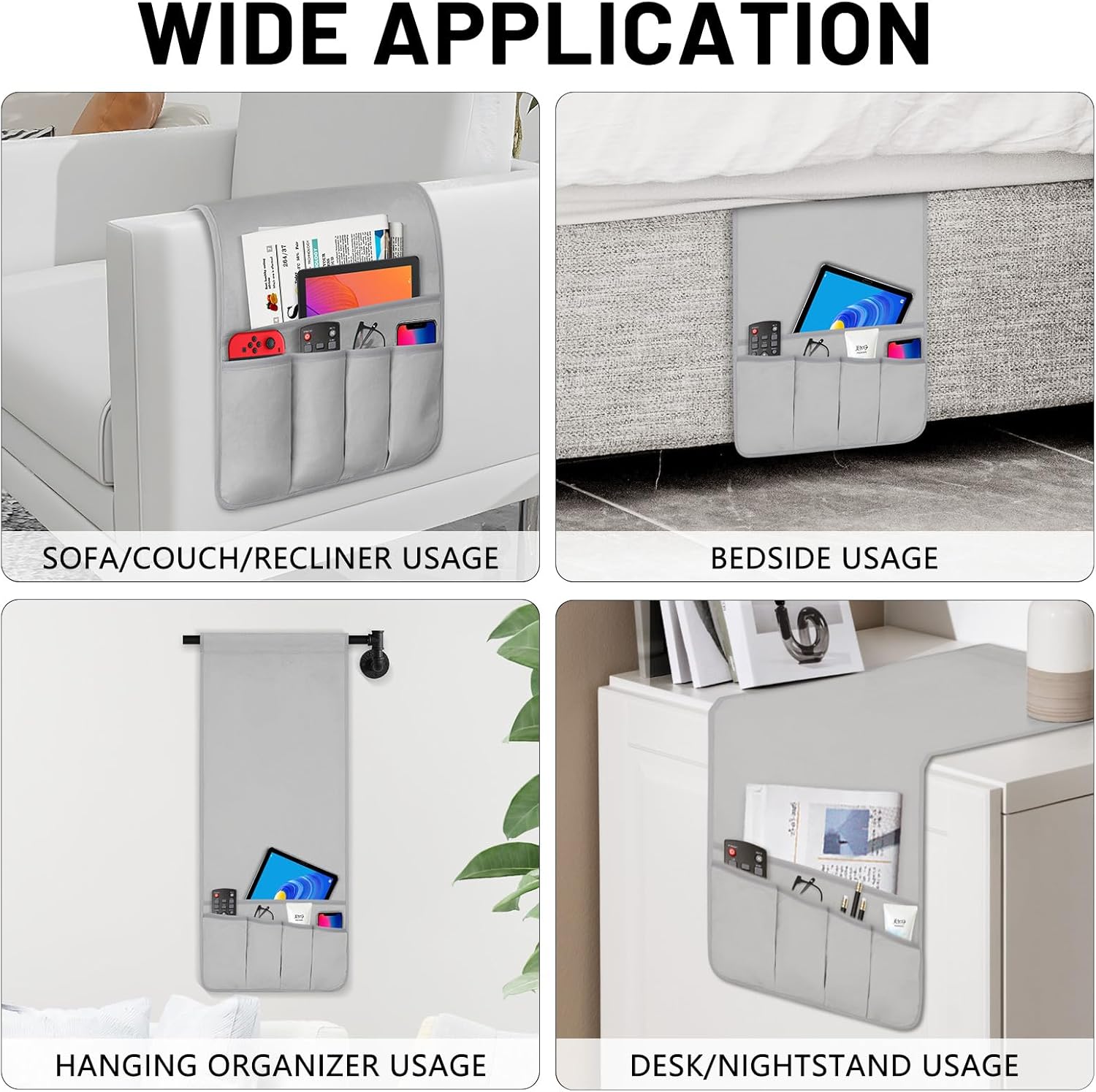 Remote Control Holder for Armchair, Couch Caddy Organizer TV Remote Holder for Bed Storage 5 Pockets, Remote Caddy Bedside Organizer Bedside Table Organizer (LightGray, 35"x12.4")