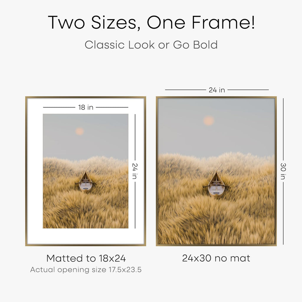 Homeforia 24 x 30 Bronze Frame, High End Metal 24x30 Large Poster Frames with Mat 18x24 for Photo, 24 x 30 Brass Picture Frame Matted to 18 by 24 Print, 30x24 Frame, Tempered Glass, Wall Kit, Set of 2