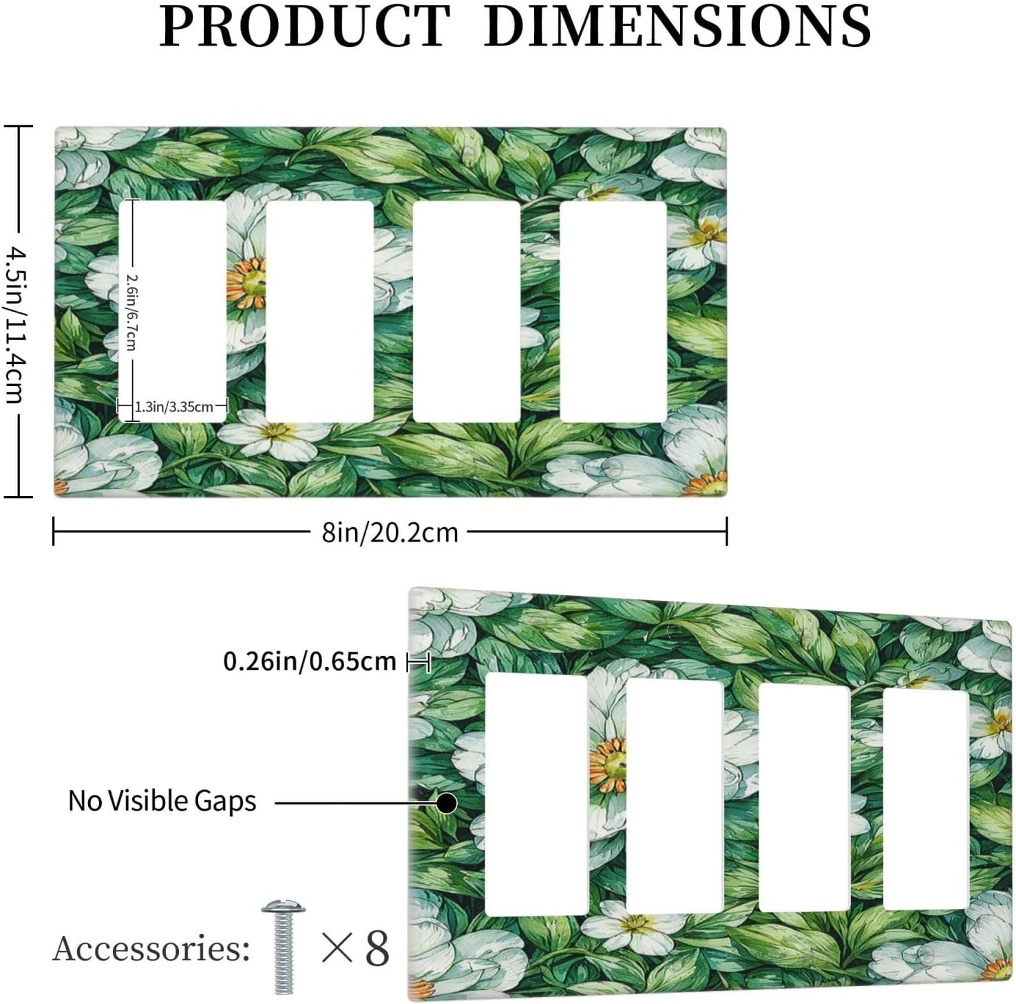 Vintage Floral White Flowers Green Plants Leaves Wallplates 4 Gang Quad Rocker Decorative Light Switch Covers Electrical GFCI Faceplate Switch Plate for Bedroom Bathroom Decor