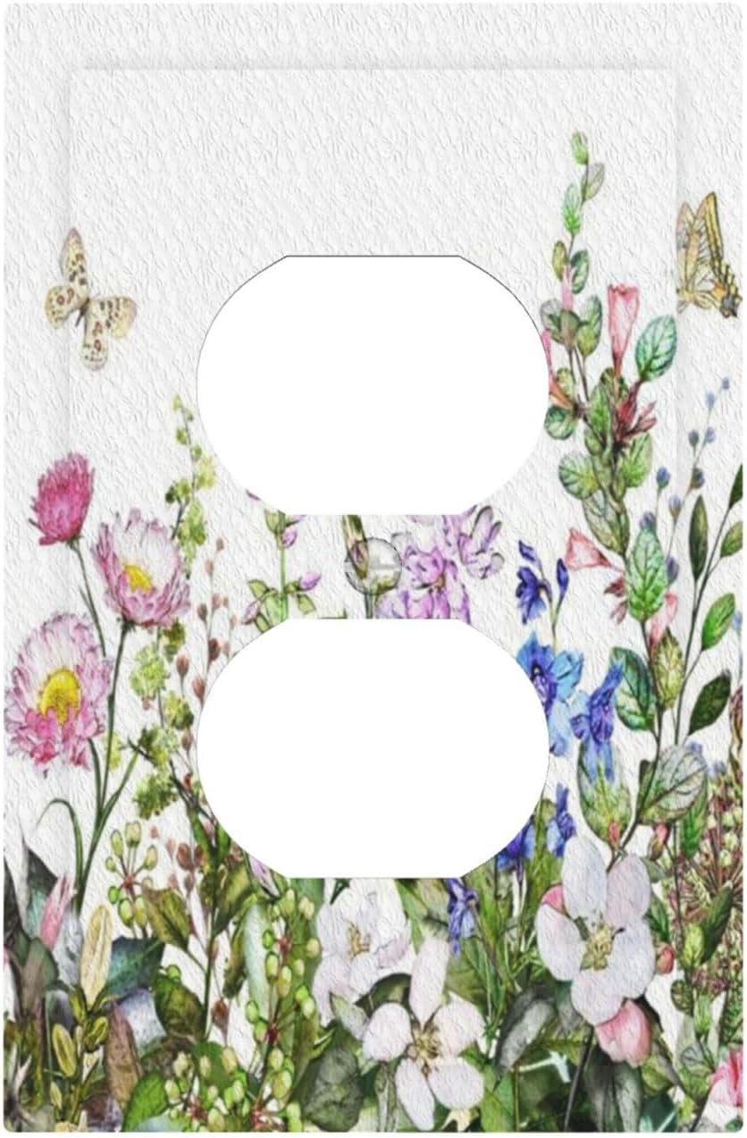 Boho Colorful Wildflowers Butterfly Green Plant Leaf Single Duplex Wall Plate Covers Light Switch Cover 1 Gang Outlet Plate Decorative Switchplate Covers Faceplate for Bathroom Decor