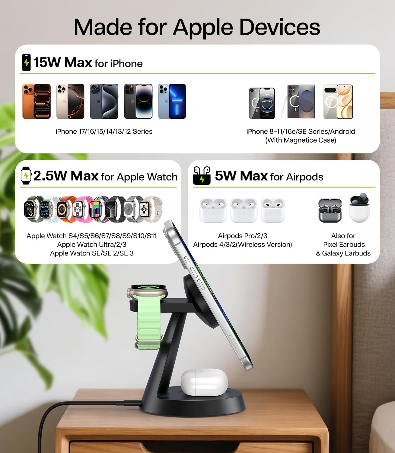 3 in 1 Charging Station for Apple Devices, 15W Fast Wireless Charger Compatible with MagSafe Charging Stand for iPhone 17 16 15 14 13 12 Series, Watch Charger Stand for Apple Watches & Airpods