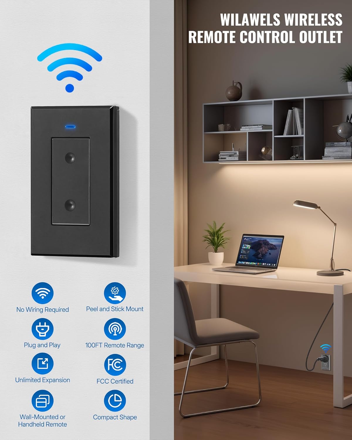 Black Remote Control Outlet Plug, WILAWELS Wireless Light Switch, On Off Remote Switch Outlet for Lights, Lamps, Home Appliance, 100ft RF Range, FCC Listed (2 Controllers + 1 Outlet) H05RC2106
