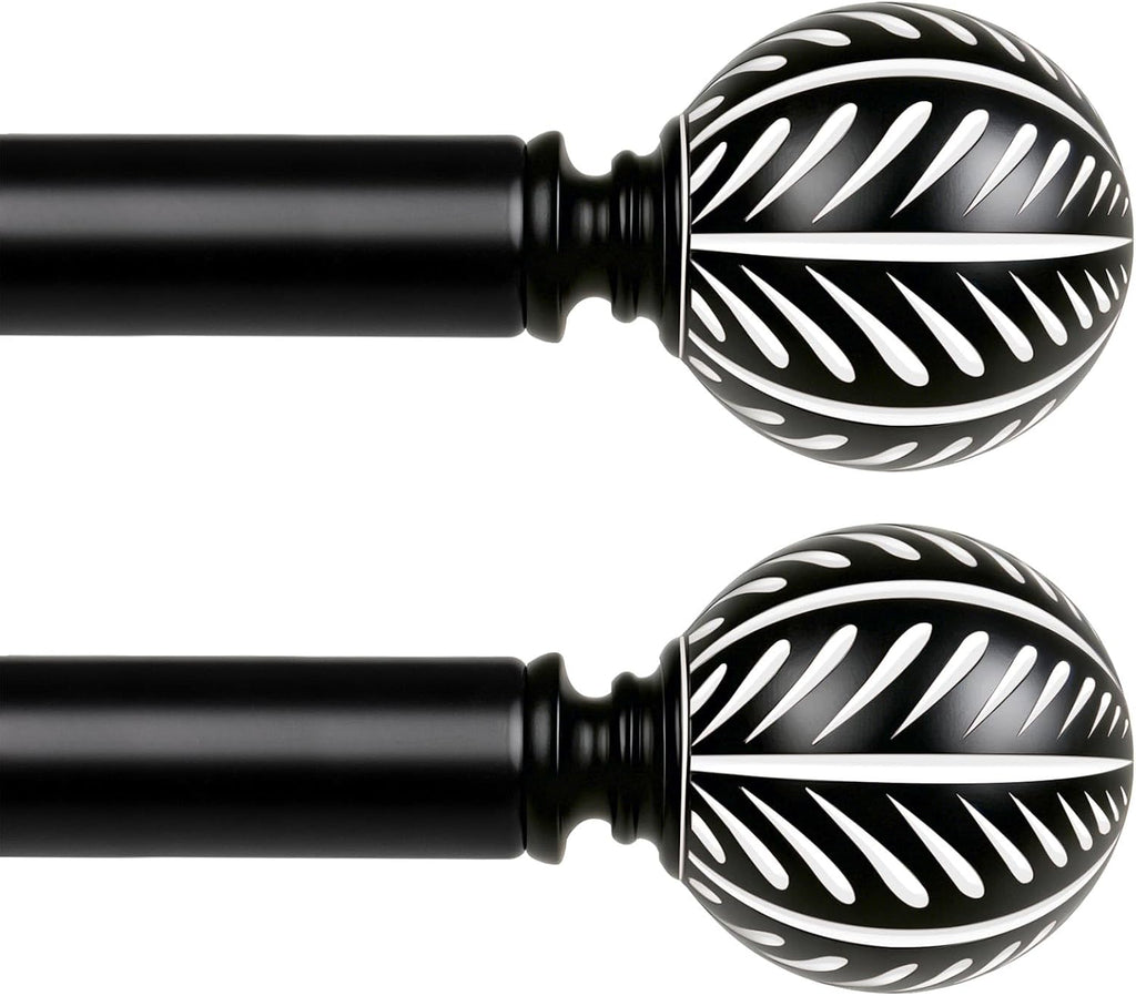 KAMANINA 2 Pack Curtain Rods for Windows 48 to 84 Inch(4-7ft), 1 Inch Boho Wood Decorative Drapery Rods, Adjustable Heavy Duty Curtain Rod with Leaf Pattern Finials, Black