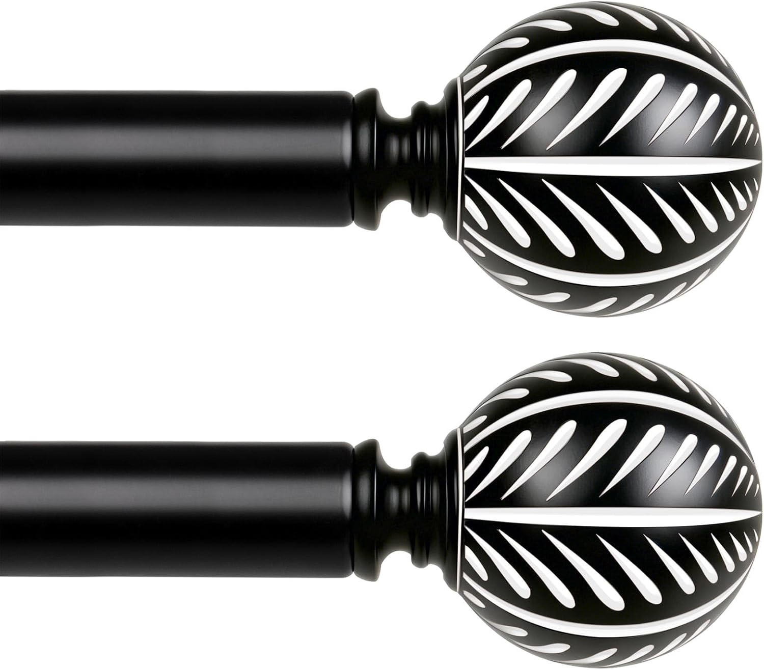 KAMANINA 2 Pack Curtain Rods for Windows 48 to 84 Inch(4-7ft), 1 Inch Boho Wood Decorative Drapery Rods, Adjustable Heavy Duty Curtain Rod with Leaf Pattern Finials, Black