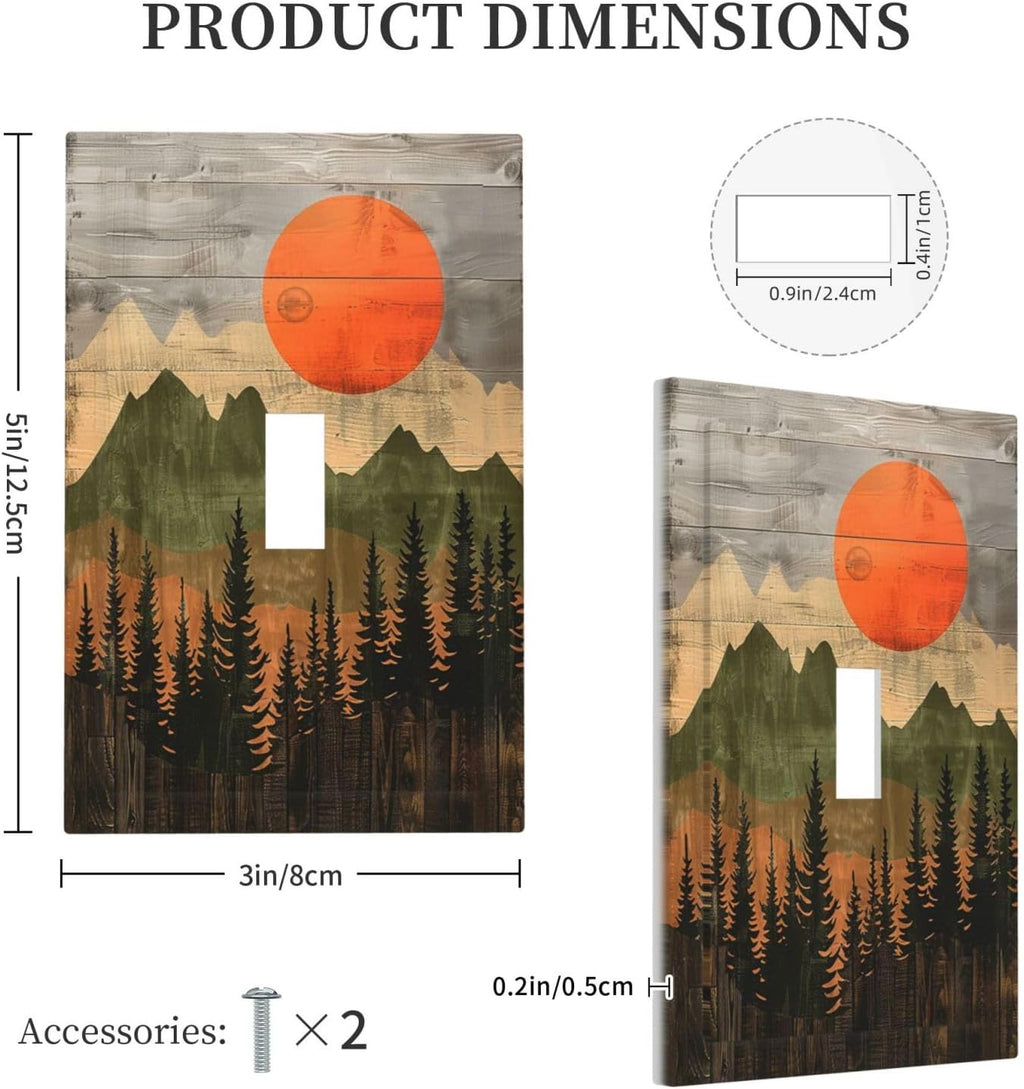 Decorative Light Switch Cover Vintage Wood Grain Sun Forest Mountains 1 Gang Single Toggle Device Electrical Faceplate Switchplates Decorator Outlet Wall Plate for Farmhouse Cabin Decor