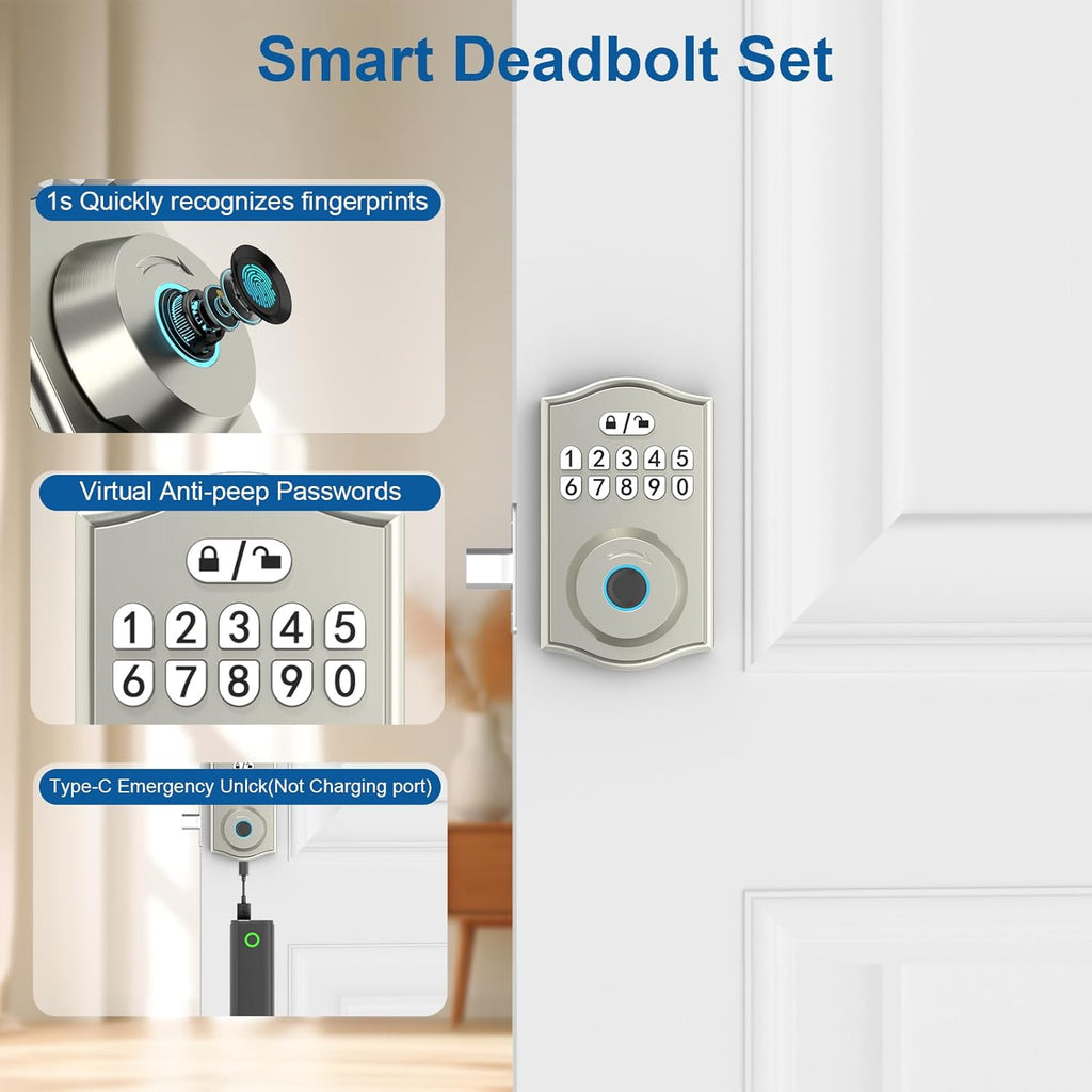Smart Door Lock - Keyless Entry with Fingerprint/Bluetooth APP Control/Password, Auto Lock, One Time Code, Nickel
