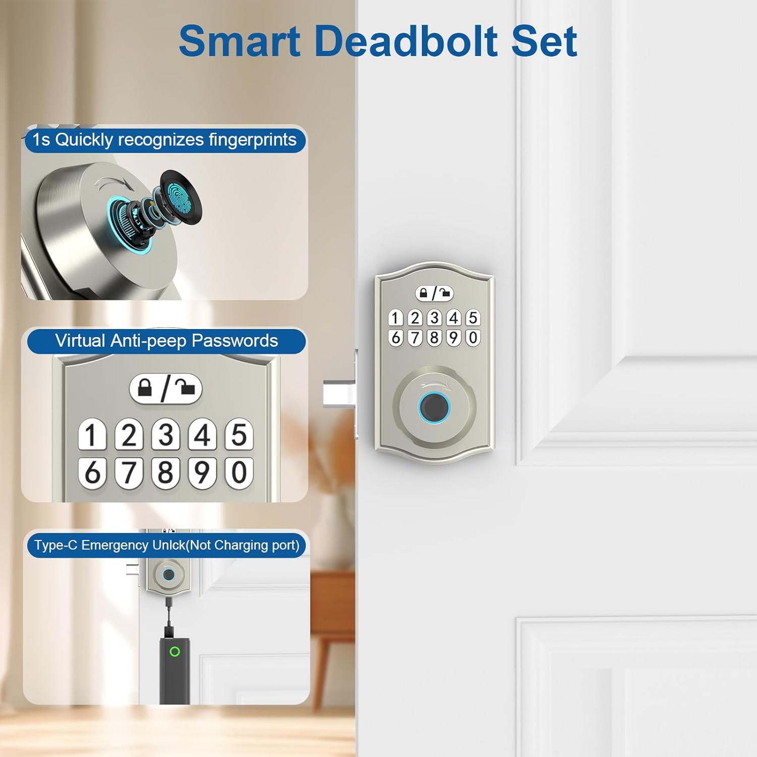Smart Door Lock - Keyless Entry with Fingerprint/Bluetooth APP Control/Password, Auto Lock, One Time Code, Nickel