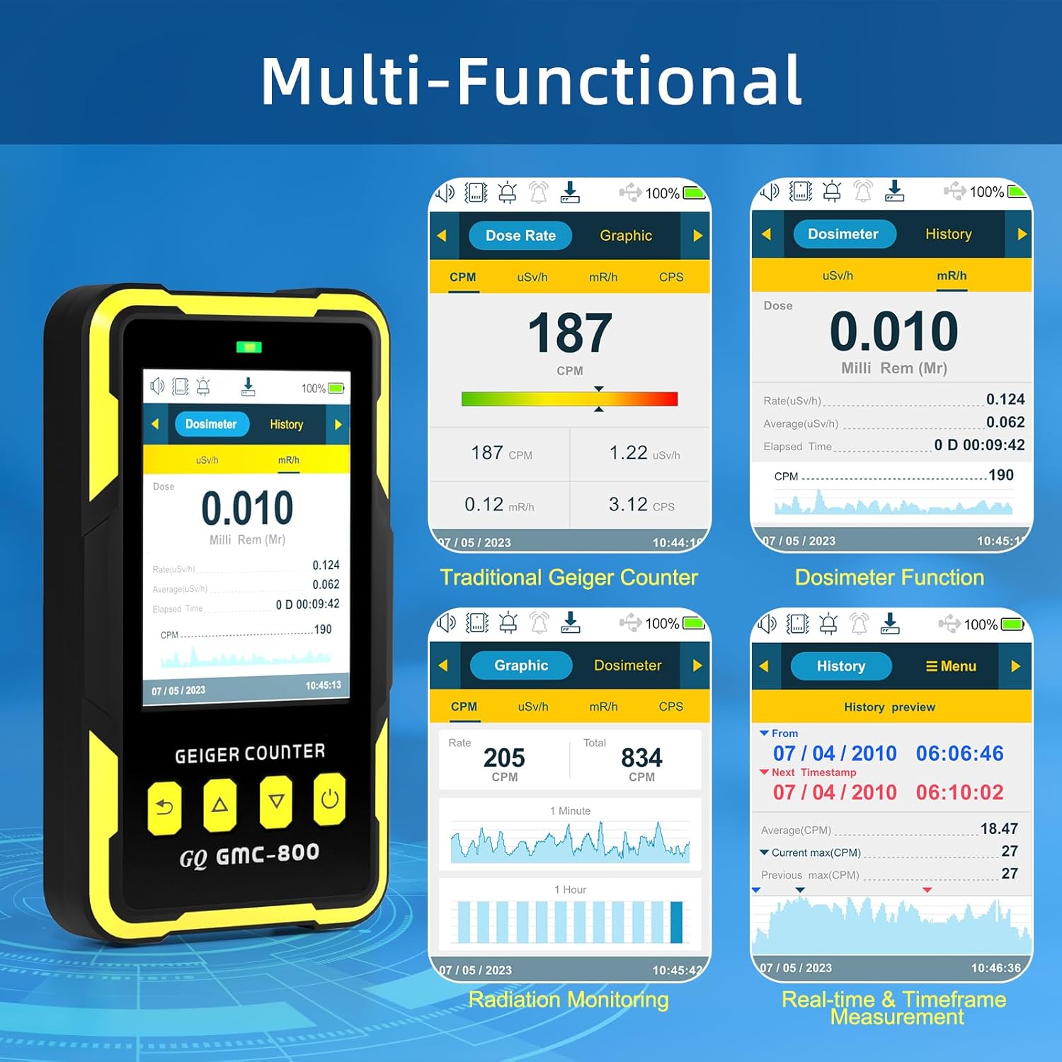 Nuclear Radiation Detector GQ GMC-800 USA Design Product US National Standard Large Color LCD Display 5 Alarm Types Dosimeter Data Save & Global Share Beta Gamma X-ray Portable Multifunction Device