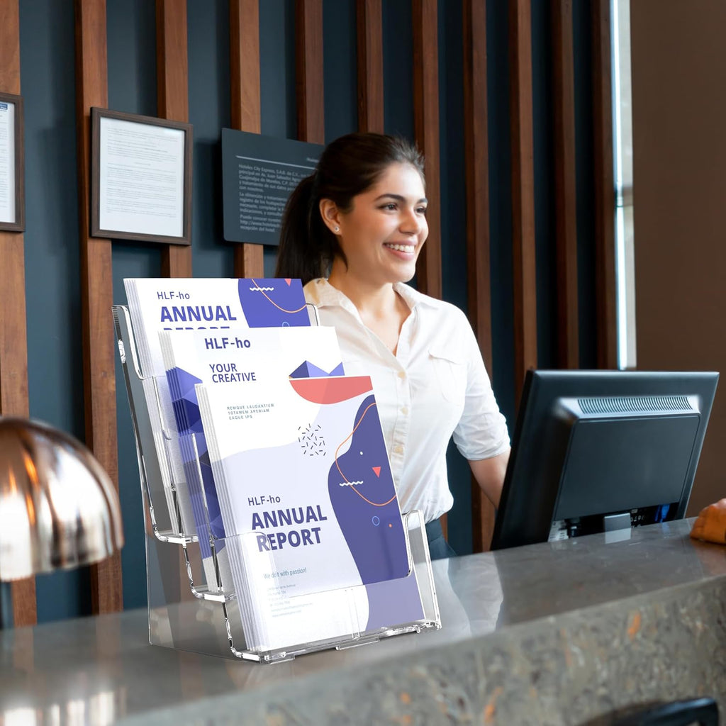 Brochure Holder 8.5x11 Inch 3 Tier with Removable Divider for 4x9 inch Clear Acrylic Pamphlet Display Stand Holder Countertop Use or Wall Mount for Office, Lobby, Hotel, Trade Show, 1 Pack