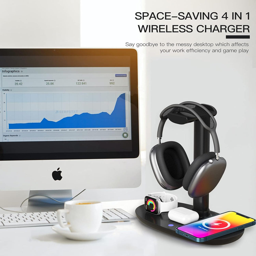 Headphone Stand with 15w Wireless Charger, Suguder 4 in 1 Charging Station Headset Holder for AirPods Max/Pro/4/3/2 iWatch 10/9/8/7/6/5/4/3/2/1/SE iPhone 17/16/15/14/13/12/11/X for Desktop Table Game