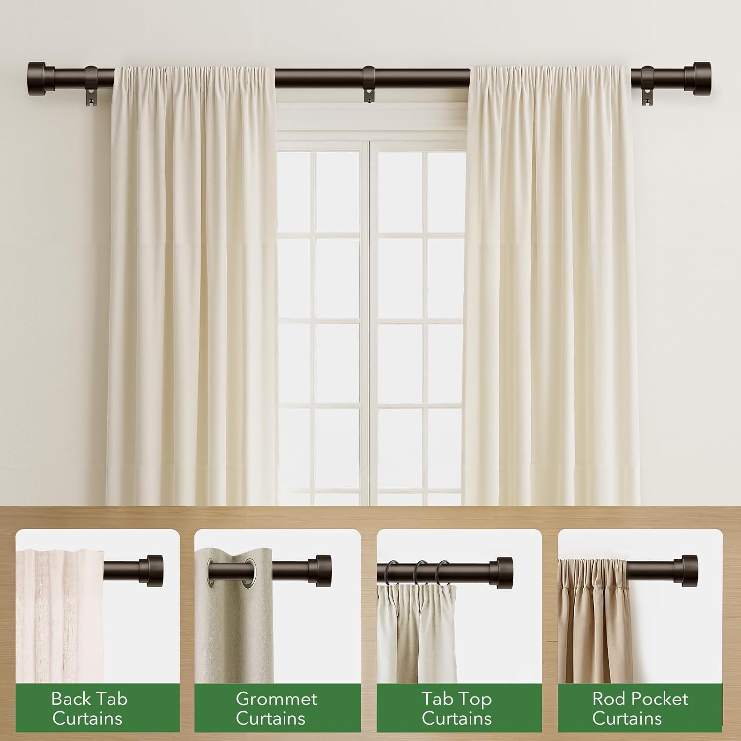 Curtain Rods for Windows 66 to 120, 1 Inch Adjustable Heavy Duty Long Window Outdoor Curtain Rod for Patio, Drapery Rods with Simple End Caps, Size 32"-120", Antique Bronze