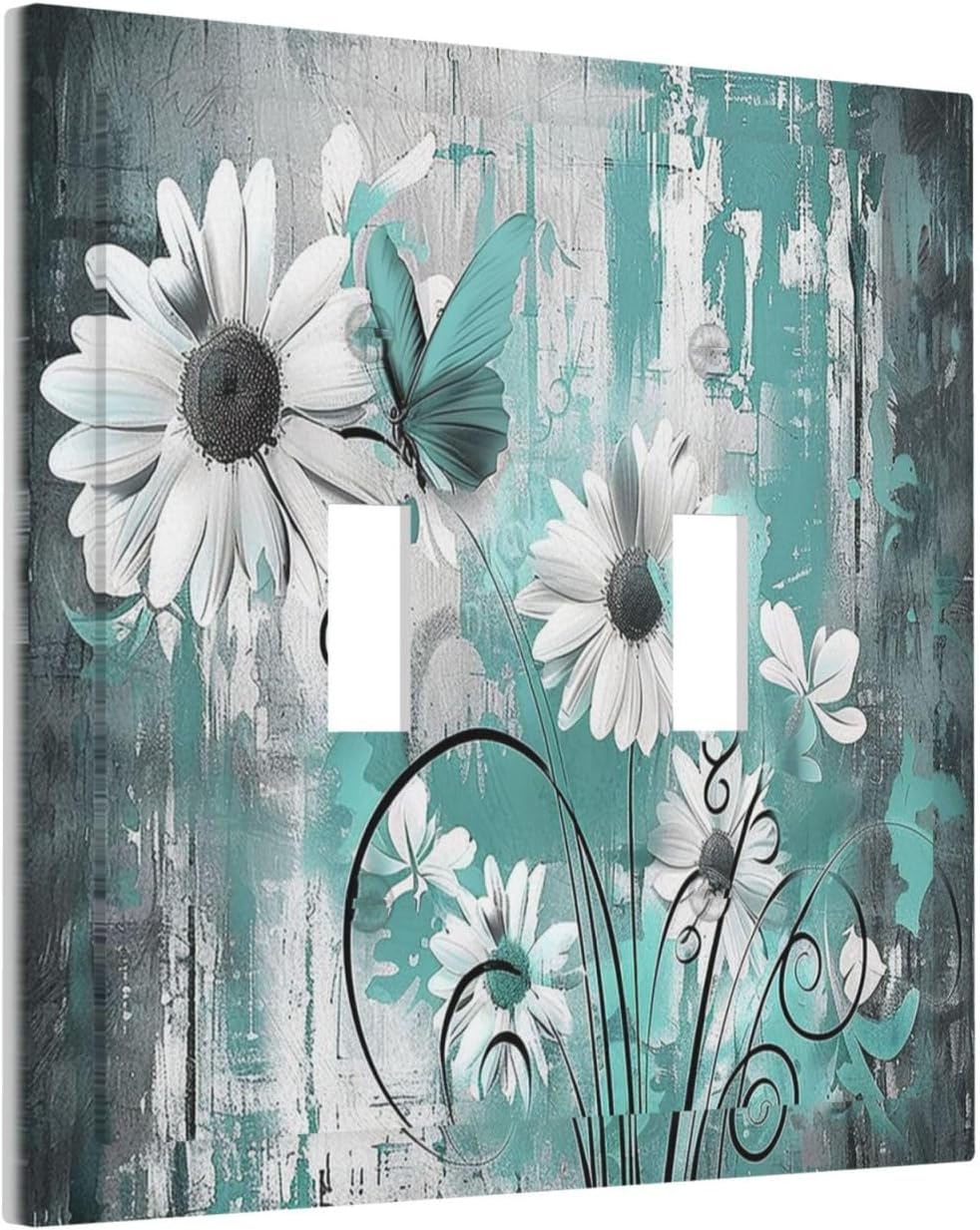 Decorative Switch Plates Teal Daisy Floral Vintage Wood Plank 2 Gang Double Toggle Outlet Light Switch Cover Wall Plate Electrical Faceplate For Farmhouse Cabin Decor