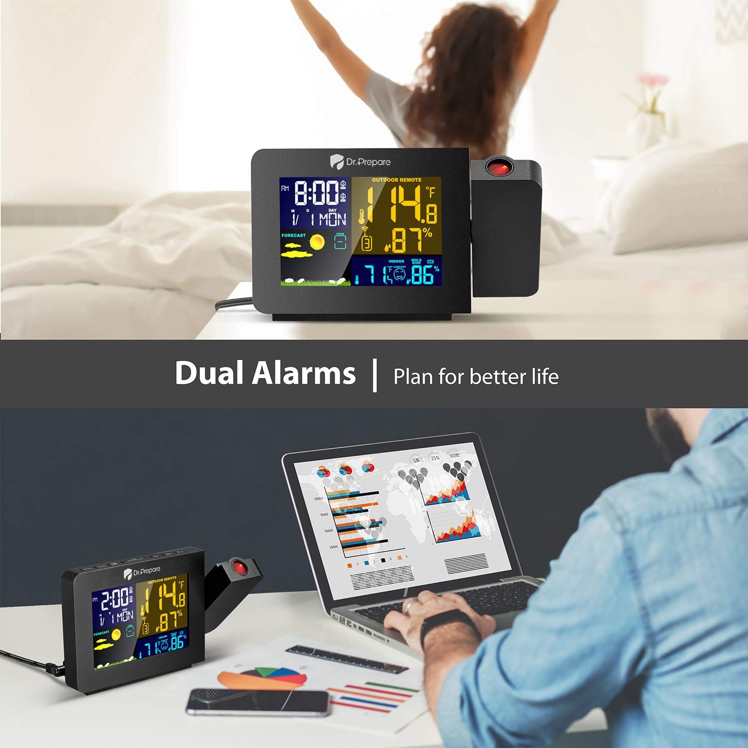 DR.PREPARE Projection Alarm Clock, Indoor Outdoor Temperature Display, Dual Alarms, Snooze, Weather Forecast, Digital Clock Projector for Bedroom