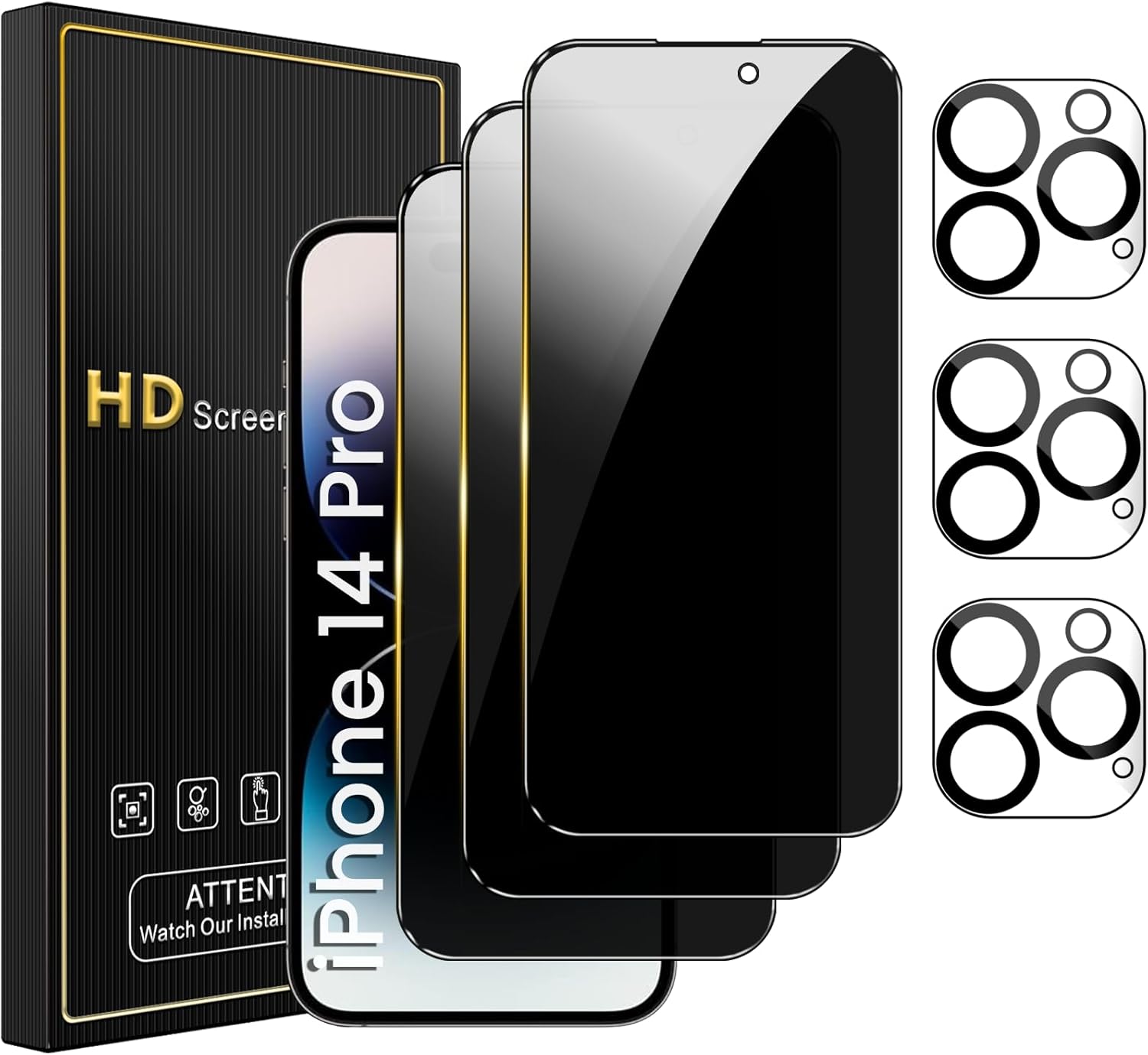 3 Pack Privacy Screen Protector for iPhone 14 Pro 6.1 Inch with 3 Pack Camera Lens Protector, Anti Spy Tempered Glass Film, Anti-Scratch, Touch Sensitive, Case Friendly