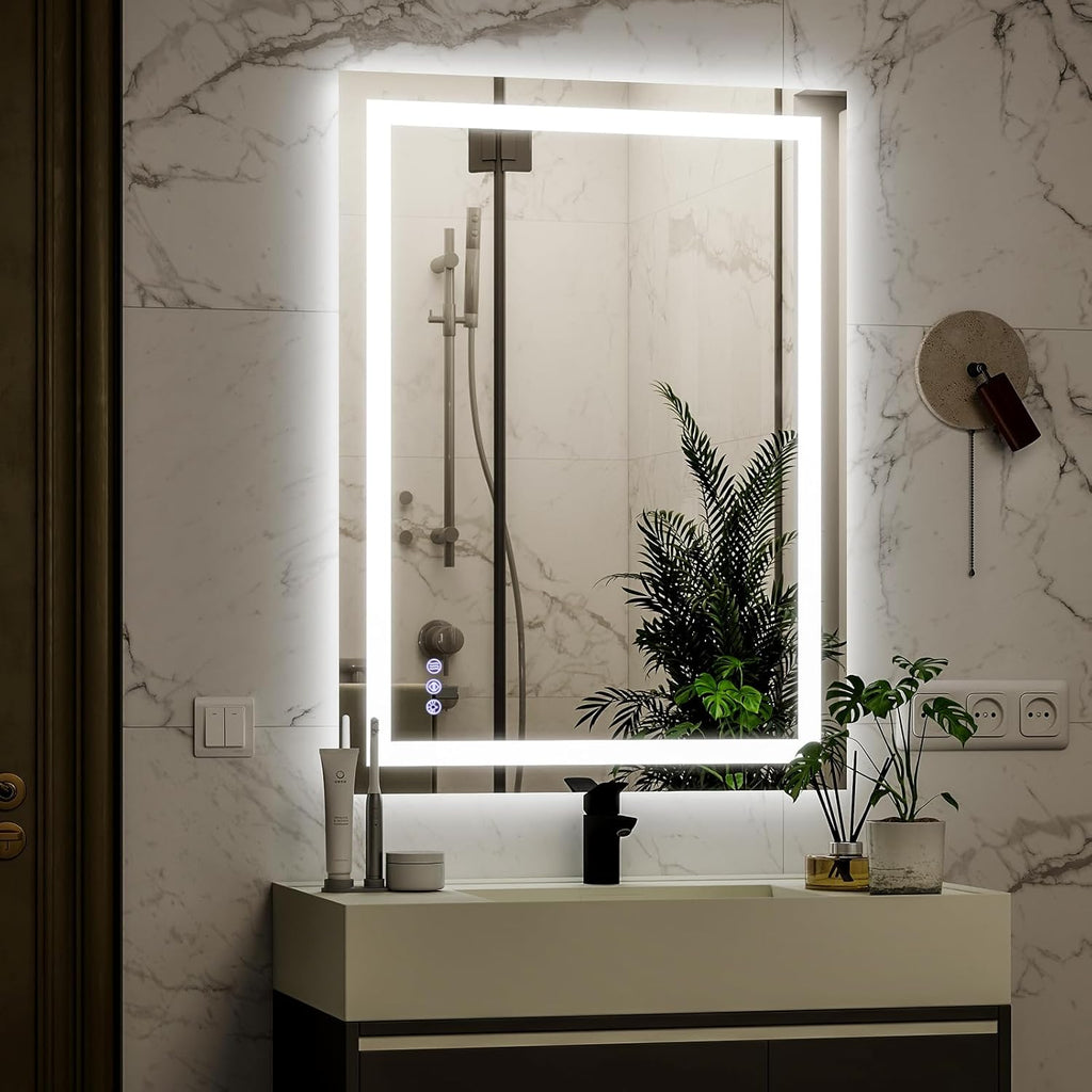 VooBang LED Wall Mounted Mirror with Lights, 24x32 inches Bathroom Mirror, Button to Adjust Lights, Three Lighting Modes, Tempered Glass with Anti-Fog Function, Suitable for Vanity and Bedroom, White