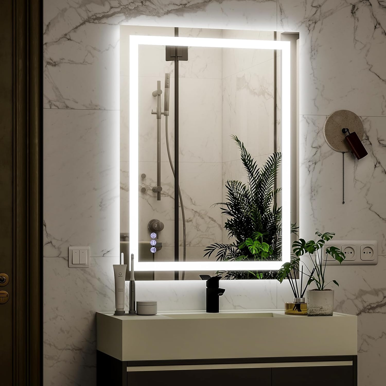 VooBang LED Wall Mounted Mirror with Lights, 24x32 inches Bathroom Mirror, Button to Adjust Lights, Three Lighting Modes, Tempered Glass with Anti-Fog Function, Suitable for Vanity and Bedroom, White