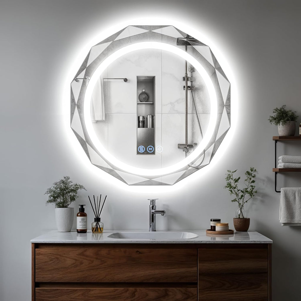 24 Inch Round LED Bathroom Mirror with Lights, Frameless Vanity LED Mirror for Bathroom with Beveled Edge, Backlit Anti-Fog, Dimmable, 3 Colors, Memory Function, Tempered Glass, Shatter-Proof