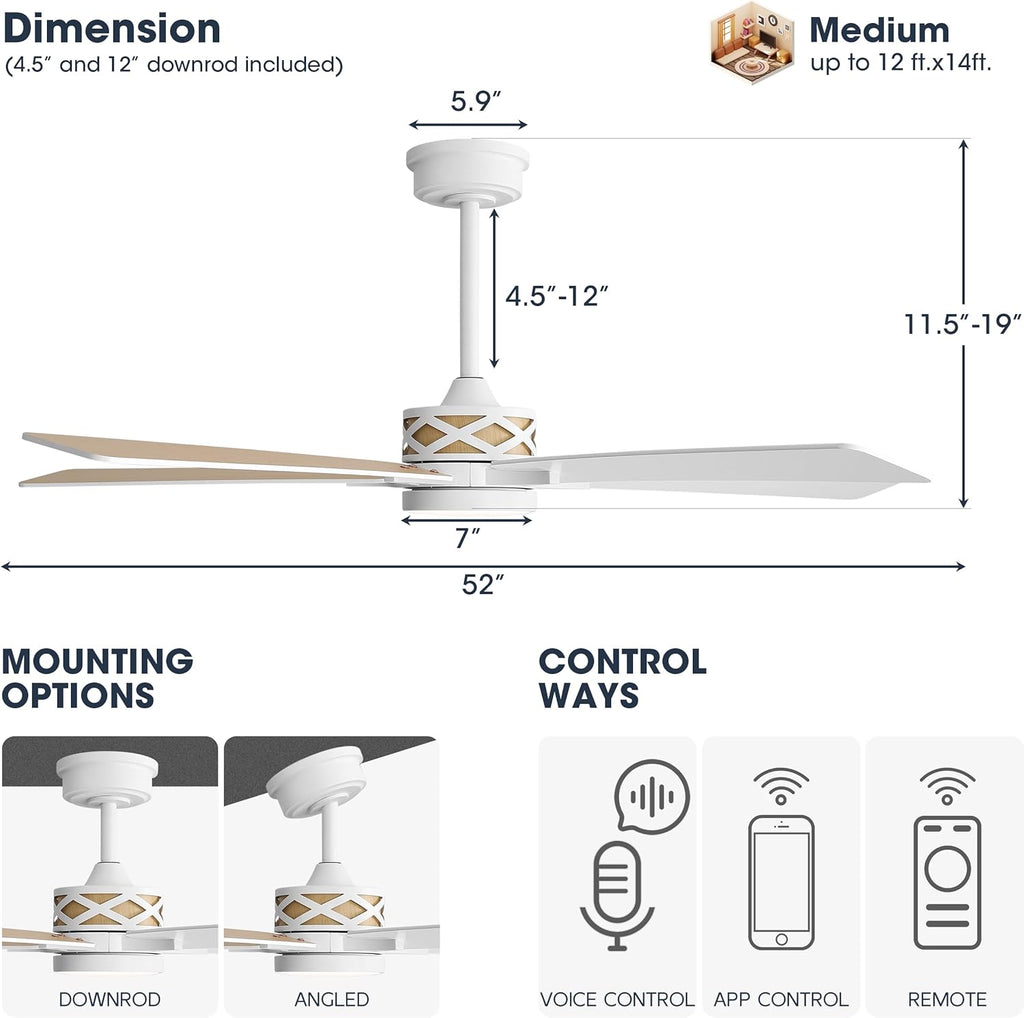 WINGBO 52" Smart Ceiling Fan with Lights, White/Oak Blades, 6 Speeds Reversible DC Motor, Works with Alexa and Google Assistant, 3CCT Dimmable LED Ceiling Fan for Bedroom Living Room, White Finish
