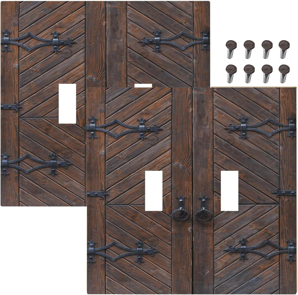 Decorative Light Switch Plate Covers Vintage Brown Wood Barn Door 2 Gang Light Switch Cover Unique Double Toggle Wall Plate Outlet Covers for Bedroom Home Decor （2 Pack）