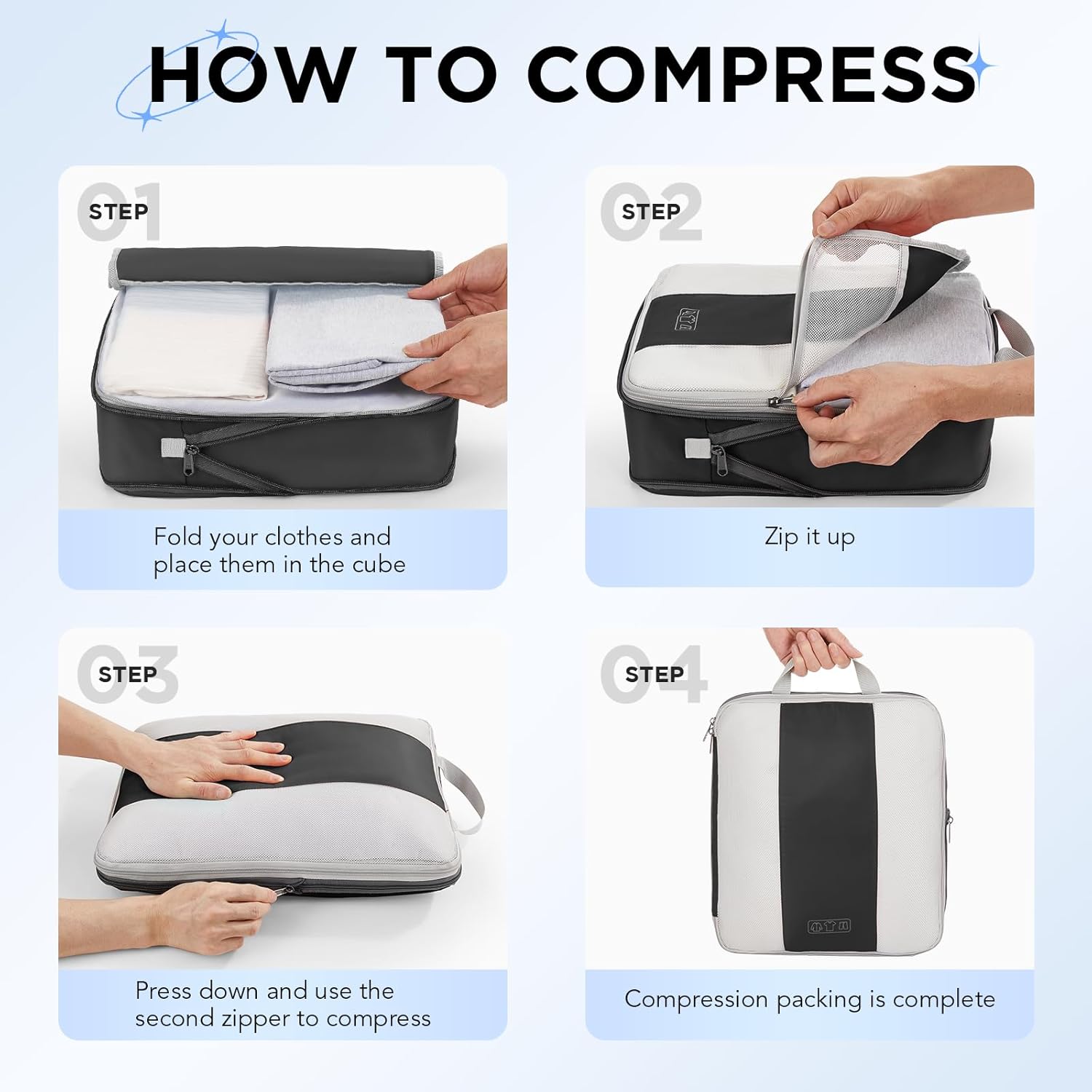 6 Set Compression Packing Cubes for Travel Essentials,Compressible Expandable Packing Cubes for Suitcase,OlarHike Luggage Organizer Bags for Travel,Handy Helper for Organizing Clothes(Black)