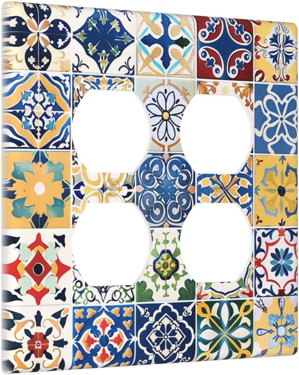 Outlet Covers Moroccan Traditional Mexican Talavera Til 2 Gang Double Duplex Decorative Light Switch Covers Electrical Wallplates Socket Faceplate for Kitchen Home Decor