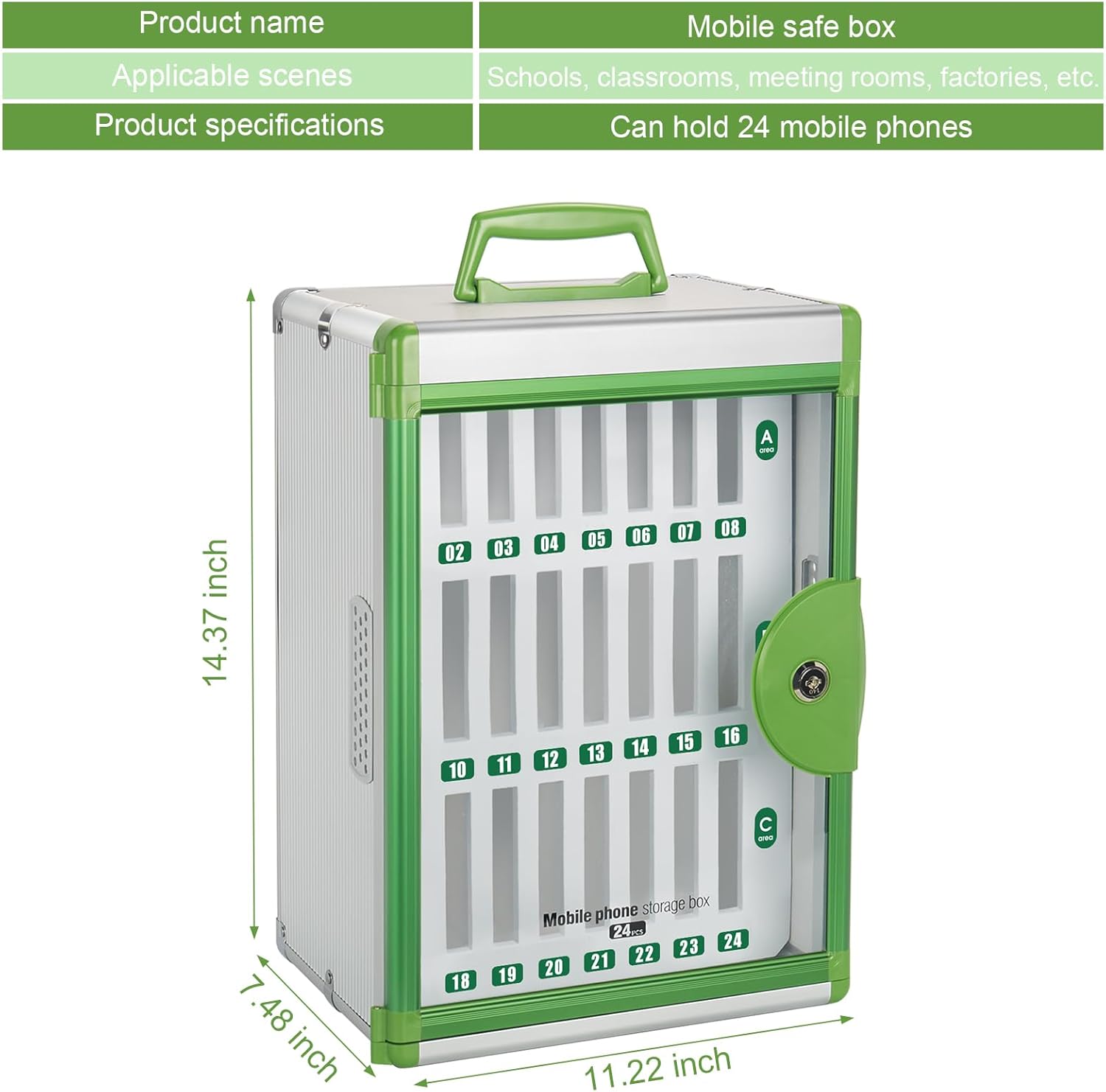 Glosen 24 Slots Cell Phone Locker, Portable Phone Storage Cabinet [Wall Mounted] [Aluminum Alloy] Cellphone Lock Box with Key & Handle for School Classroom Office Exam (Green)