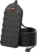 10Ft Power Strip Surge Protector with 24 AC Outlets (1875W/15A) 6 USBs (2 USB-C Ports), 3,400 Joules, Heavy Duty Flat Plug Extension Cord, Wall Mountable for Home, Office, Black, ETL Listed