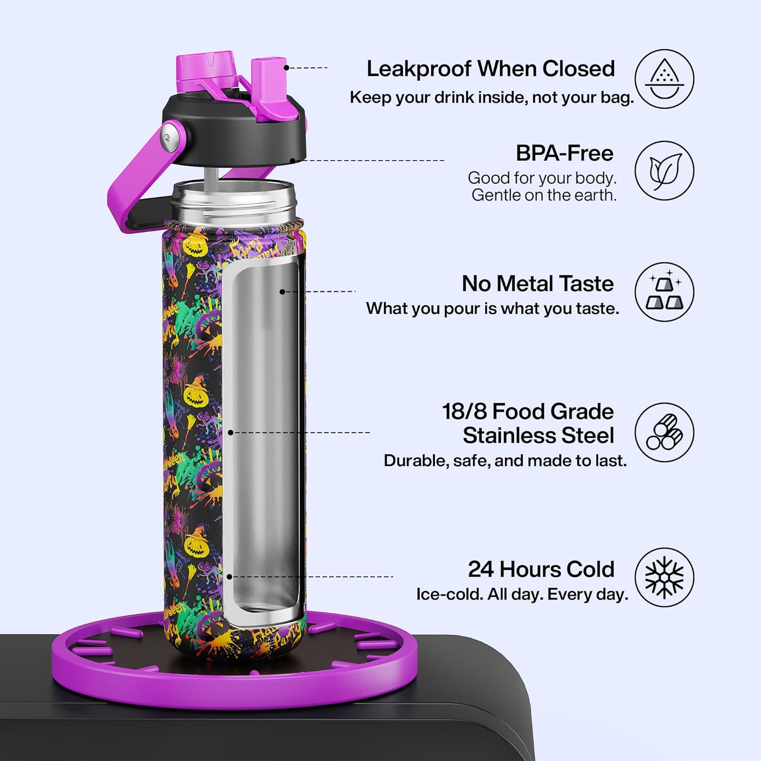 ENCOOL Insulated Water Bottle with Straw Stainless Steel Water Bottle, Leak-Proof, BPA-Free, Double Wall Vacuum Keeps Cold for 24 Hours for Sports, Travel, School (26 oz, Ghost Party)