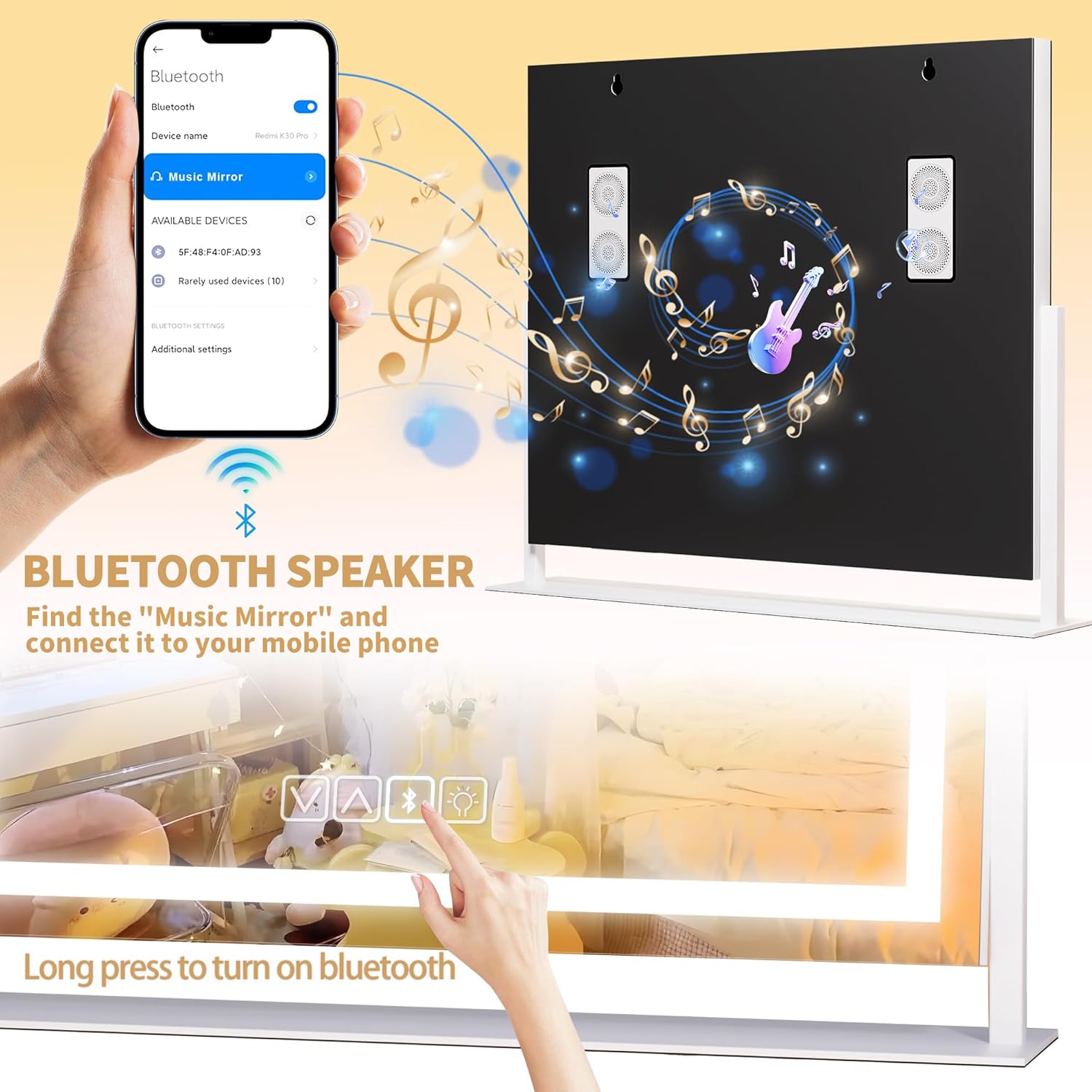 Hasipu Vanity Mirror with Lights and Bluetooth Speaker, 29.5" x 21.3" LED Makeup Mirror, Light up Mirror with 10X Magnification, USB Charging Port, Smart Touch 3 Colors Dimmable (White)