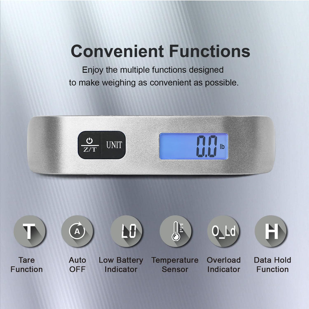 travel inspira Luggage Scale, Portable Digital Hanging Baggage Scale for Travel, Suitcase Weight Scale with Rubber Paint, 110 Pounds, Battery Included, Sliver, 2 Pcs