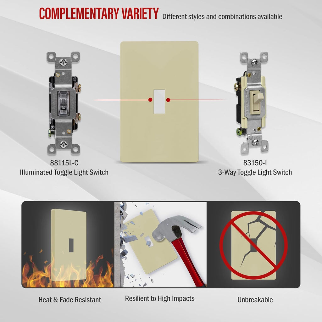 ENERLITES Screwless Toggle Switch Wall Plate, Child Safe Light Switch Cover, Standard Size 1-Gang 4.68" x 2.93", Unbreakable Polycarbonate Thermoplastic, UL Listed, SI8811-I, Glossy, Ivory