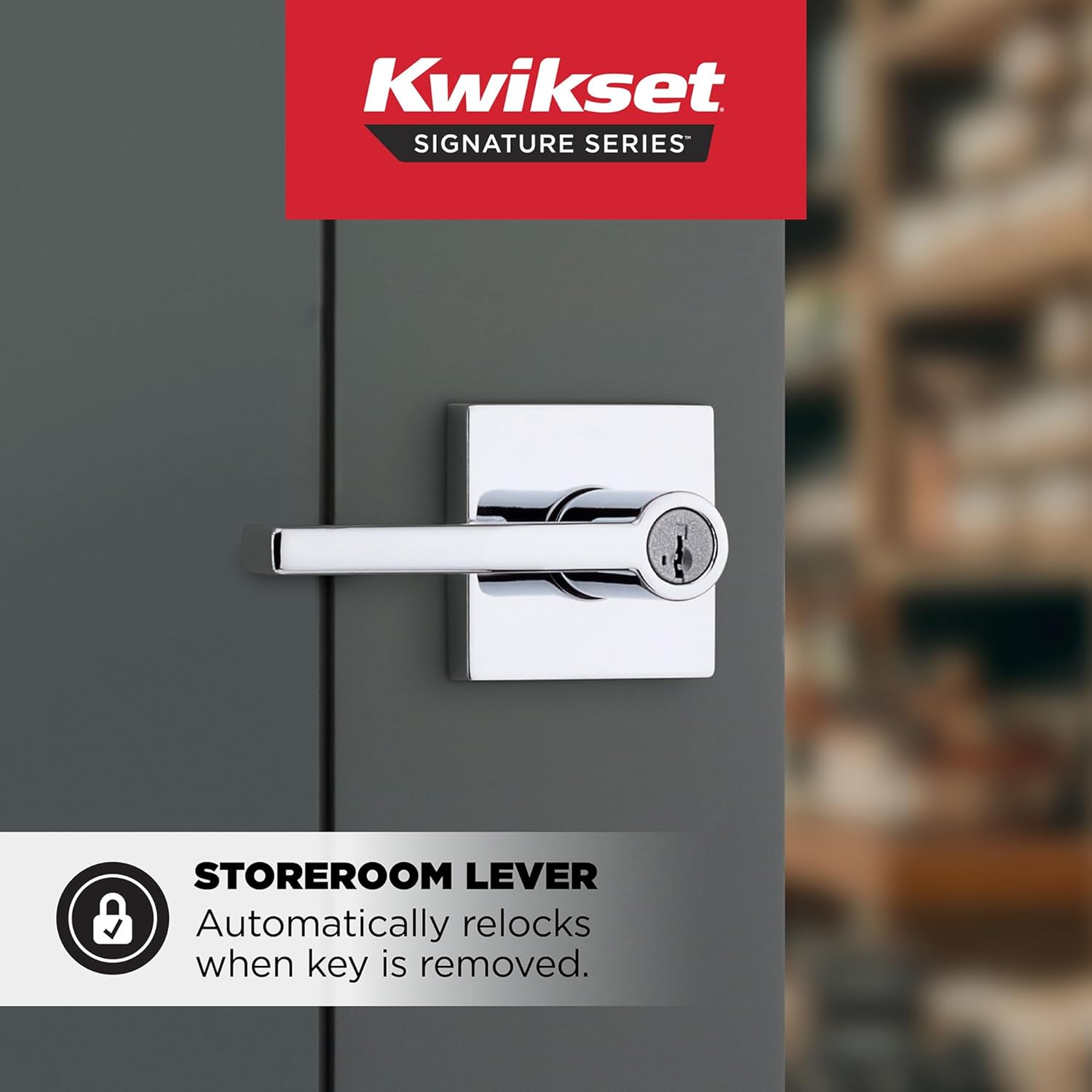 Kwikset Halifax Keyed Storeroom Entry Door Handle with Lock and Key, Secure Keyed Reversible Lever Exterior, for Front Entrance and Bedrooms, Polished Chrome, Pick Resistant Smartkey Rekey Security