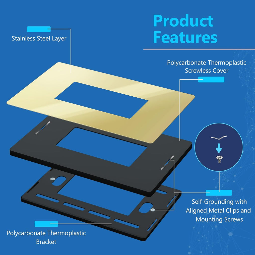 LIDER Decorator Metal Wall Plate, Temperature and Impact Resistant, 201 Stainless Steel, Screwless Cover, Modern Decoration Upgrade, Mid-Size 1-Gang 4.88" x 3.11", Polished Brass, LSMWP-31M-PB