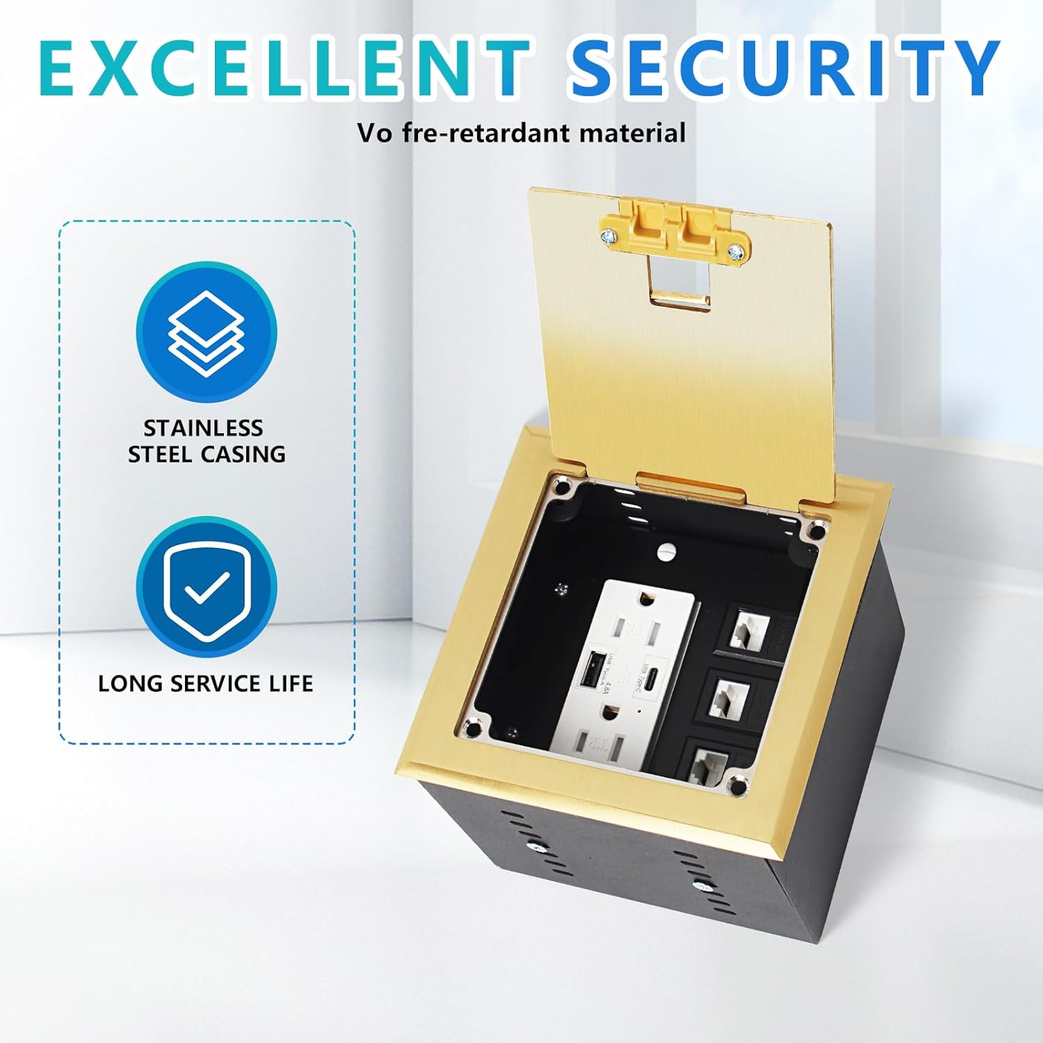KYHSHJ Recessed Flat Hidden Socket Kit with 2 * 15A Receptacle，4.8A 1 USB-A Ports &1 USB-C Port+3-Port RJ45 Datacom Receptacle. Internal Height Adjustable，Corrosive Resistant Hardware,Brass