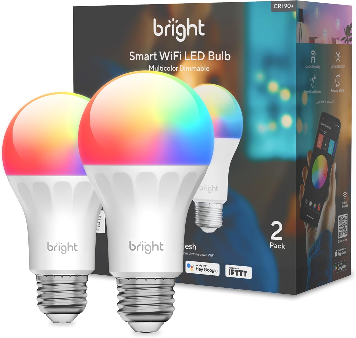 U-tec Smart Light Bulbs, 1100 Lumen, 90+CRI WiFi Mesh & Bluetooth Color Changing A19 Light Bulb, 16 Million DIY Colors RGB Light Bulbs, Compatible with Alexa, Google Assistant Home App, 2 Pack