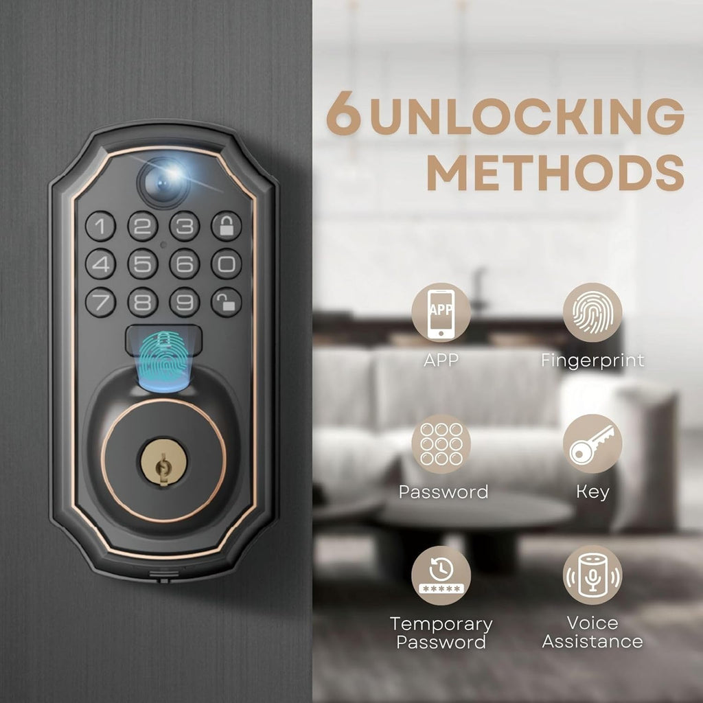 Keyless Entry Door Lock with Camera Fingerprint Door Lock Keypad Deadbolt Lock for Front Door Smart Lock App Control Voice Control